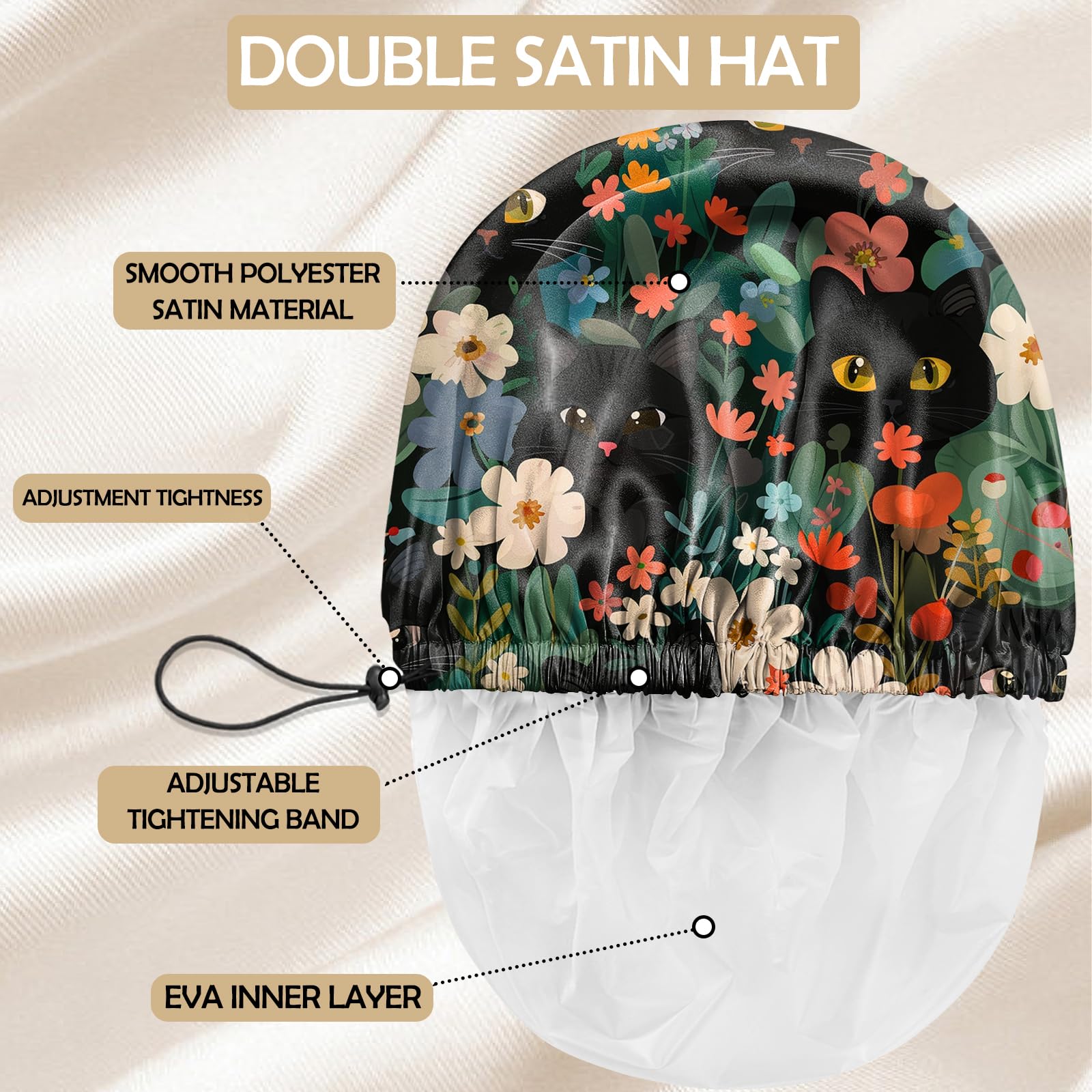 2 gorros de ducha ajustables, reutilizables, de doble capa impermeable, elásticos, para el cabello, bonitos gorros de baño estéticos para mujeres y niñas, hongos y gatos