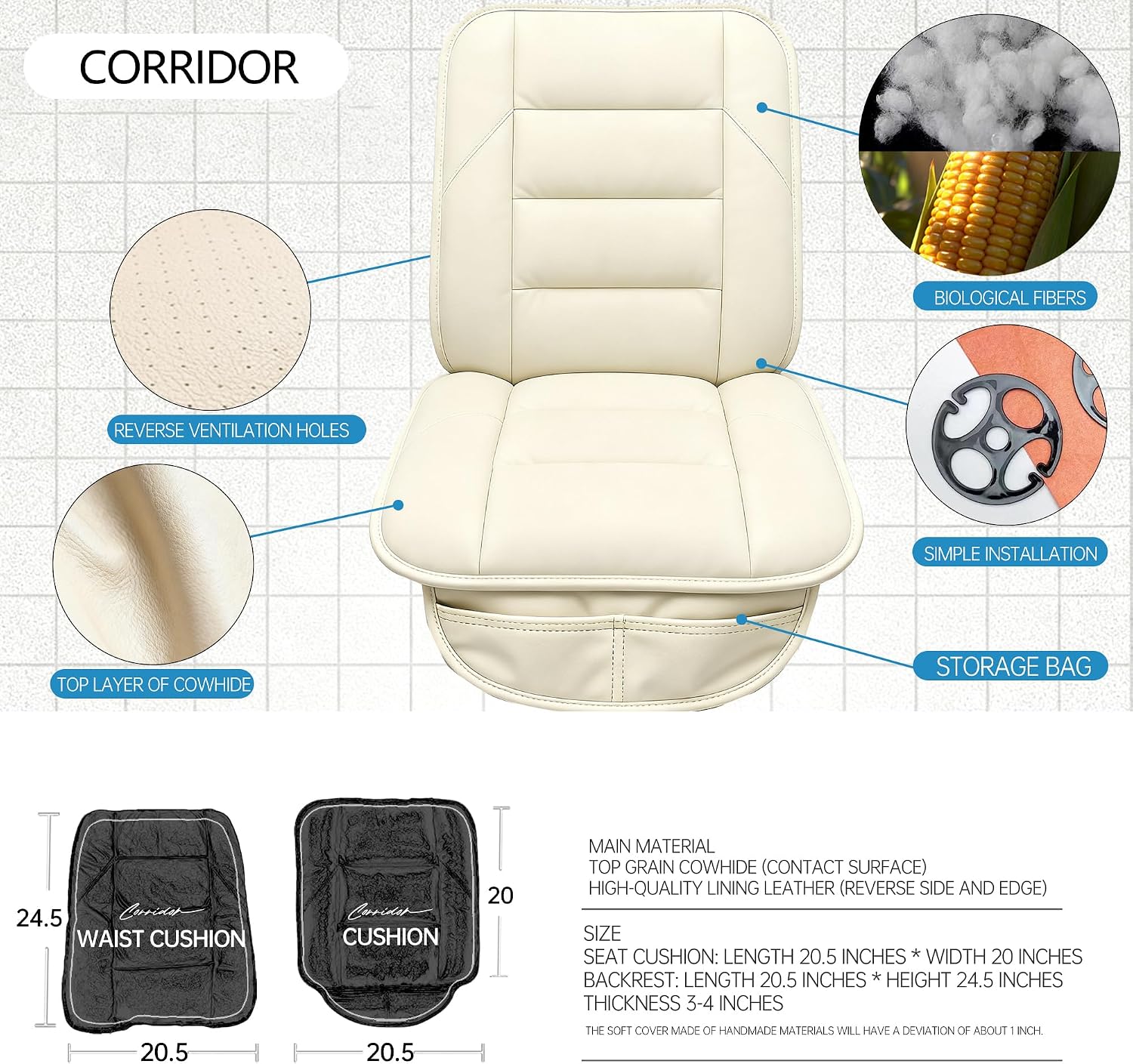CORRIDOR Genuine Leather Seat Cushion for Car - Handmade - Relieve Hip, Pressure and Sciatica Pain - Ideal for Lower Back Pain - for Office Chair and Car Seat (Off White, Seat + Backrest)