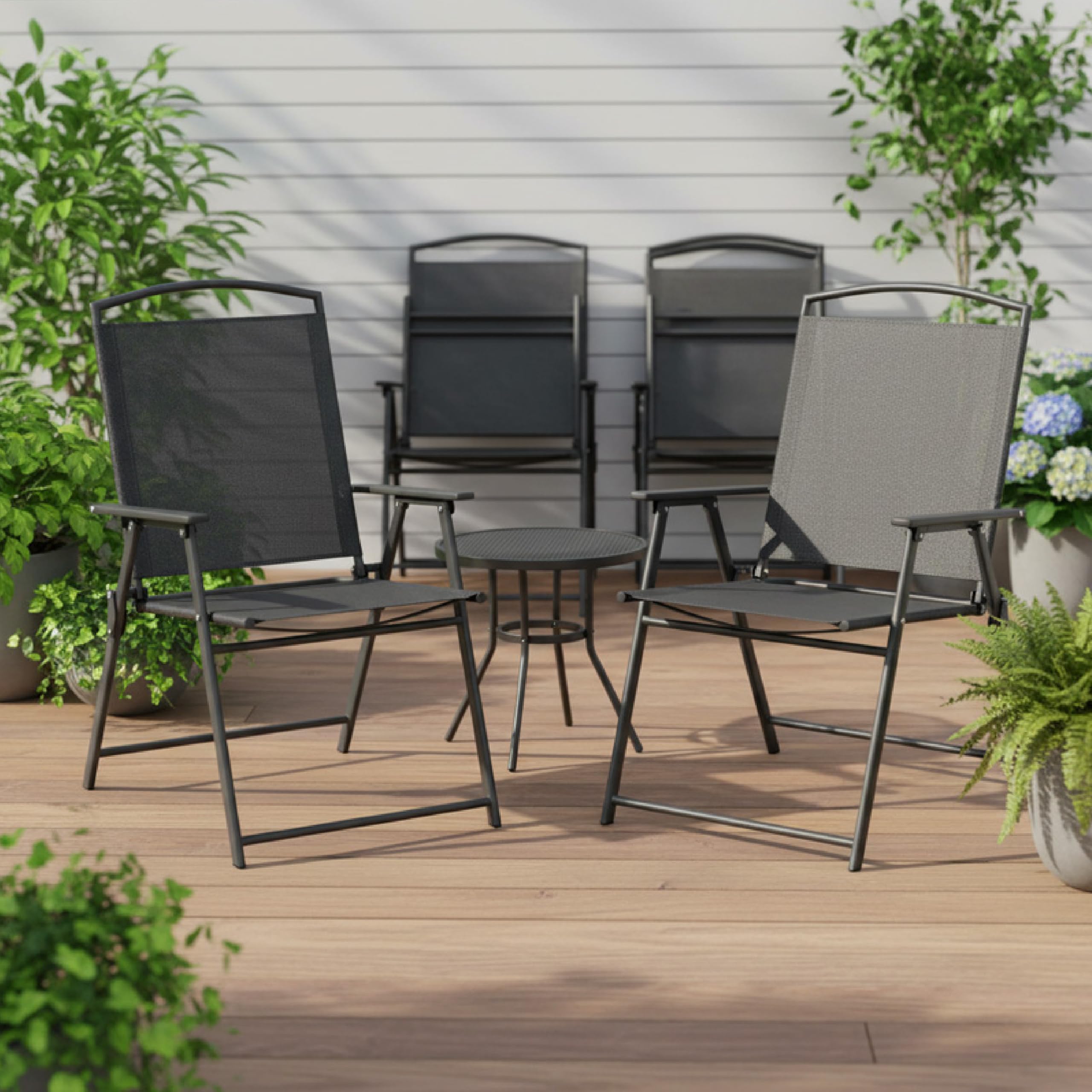Baroni Home Lot de 4 chaises de jardin pliantes avec accoudoirs, chaises d'extérieur pliables et peu encombrantes, tissu respirant et imperméable, idéales pour terrasse, balcon et jardin (4, noir)