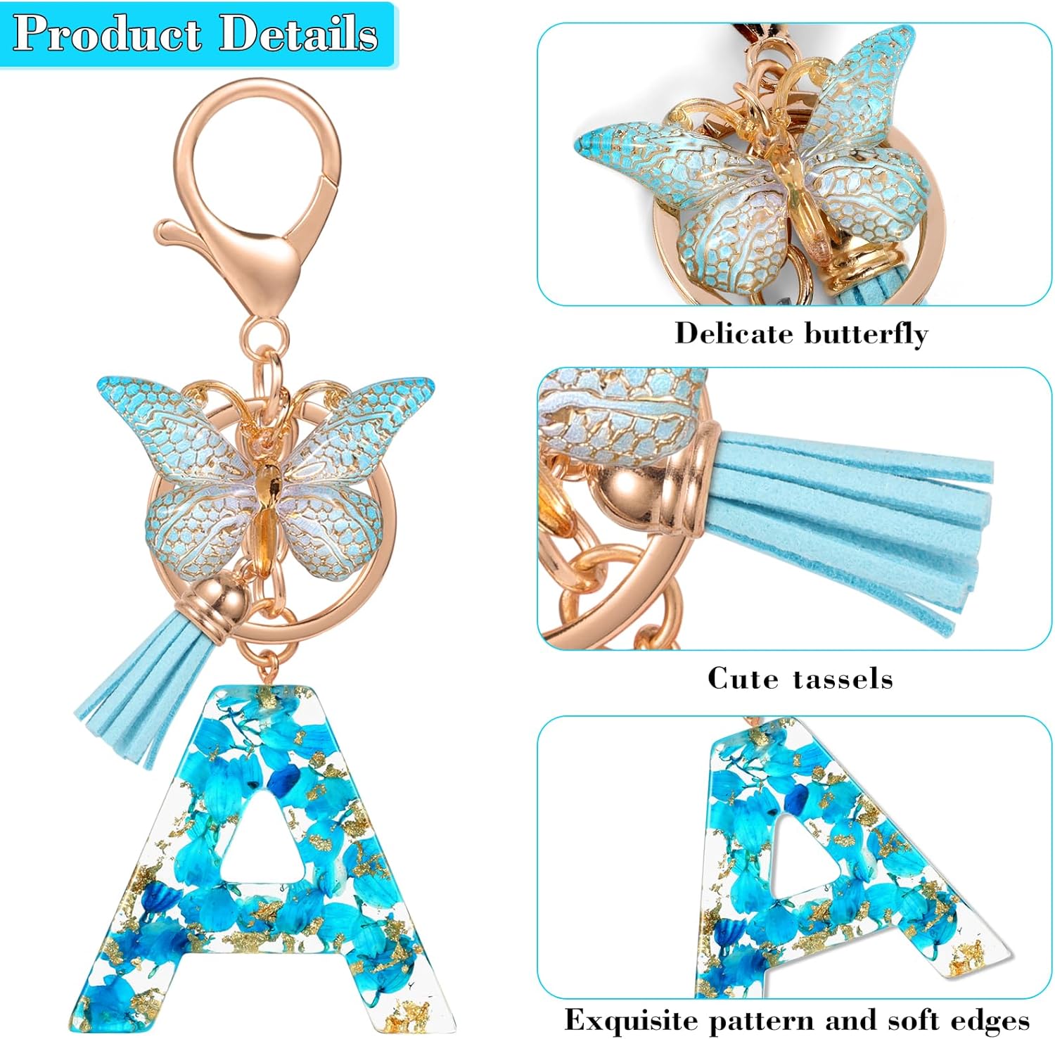 Letter Keyring with Butterfly Tassels, Cute Initial Flower Keychain Pendant, Name Alphabet Resin Car Keychain Personalised Handbag Charms Accessories Crafts Bag Decoration Gift for Women(A,Blue) - Image 4