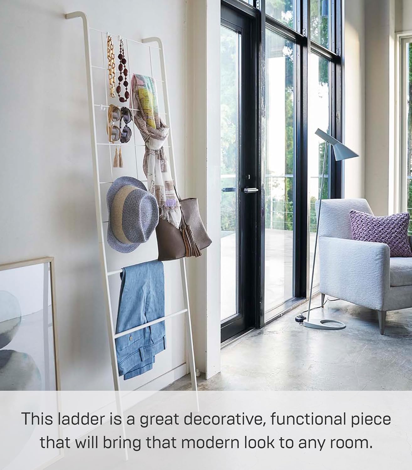 Yamazaki Home Grid-Panel Leaning Ladder-Modern Storage Rack for Bedroom Or Bathroom, One Size, White