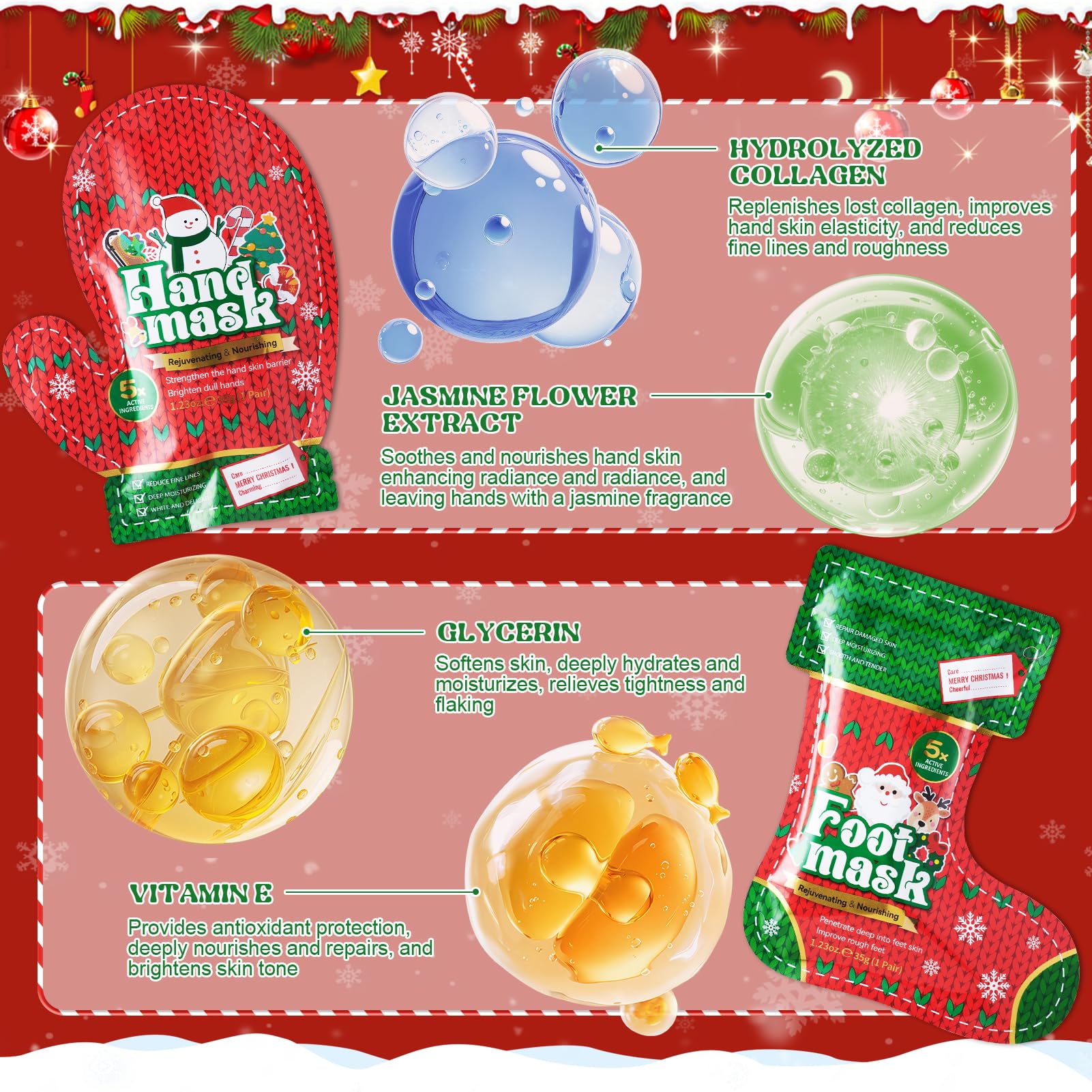 Noël Masque Pieds, 3 Paires Masque Pieds Peeling Exfoliant, 3 Paires Soins des Mains et des Pieds, masque Pieds Très Secs et Abîmés pour Rendre la Peau Plus Lisse