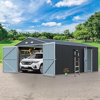 LANTRO JS Shed, Outdoor Storage Shed Large Garage 20x13ft with 2 Doors and 4 Vents Without Floor, Upgrade Panel 0.3mm Metal Shed Heavy Duty, Dark Gray