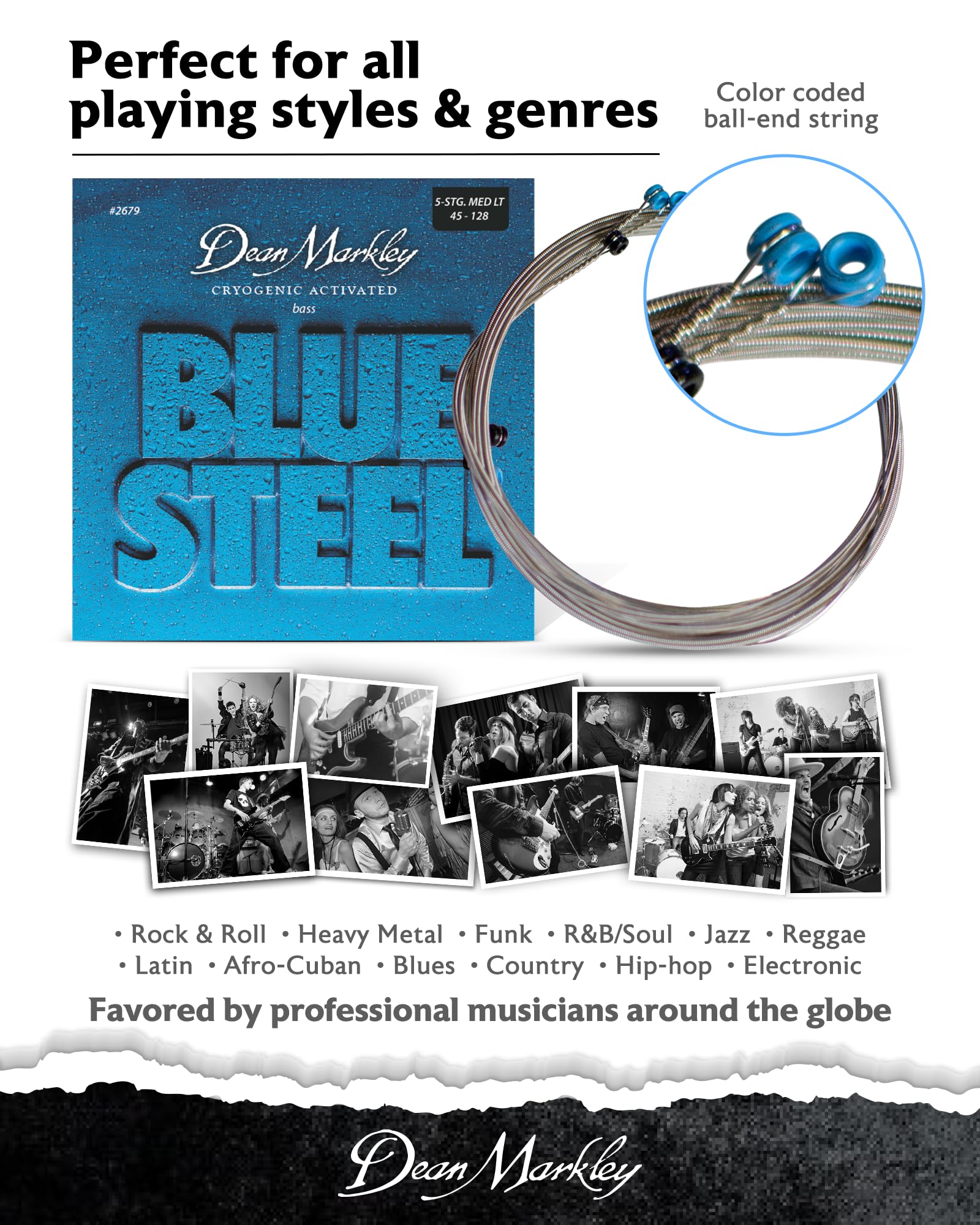 Dean Markley 2679 Blue Steel Saiten für Bassgitarren, Stärke ML .045-.128, 5 Stück, Blue Steel Bass ML 2679, blau