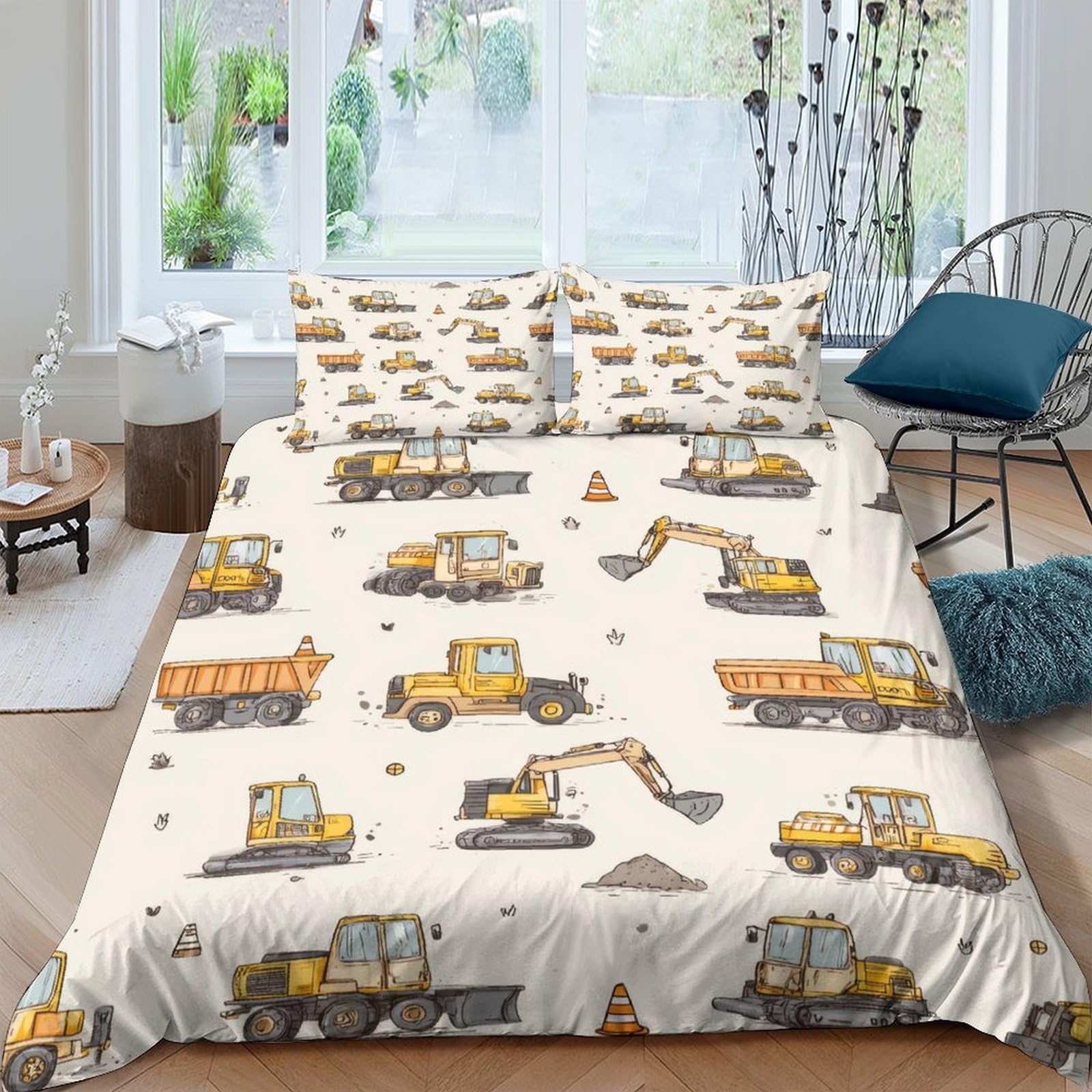 Ctjqhvkz Style-2 3D Printed Construction Truck Fitted Sheet Microfiber Soft Yellow Excavator Bed Cover For Bedroom Dorm Easy Care Single（135X200cm）