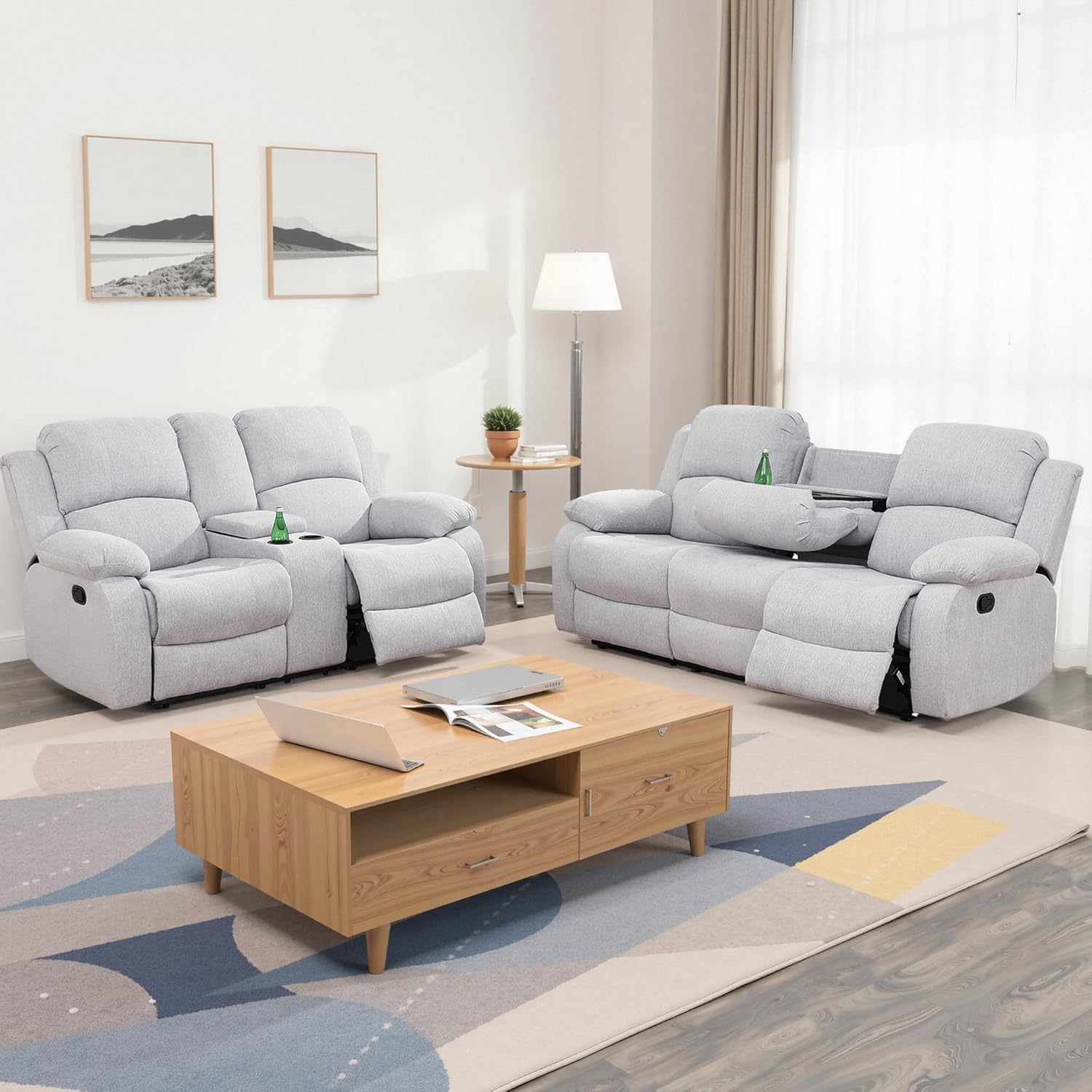 Recliner Sofa Set for Living Room, 2 Piece Living Room Furniture Set, 3 Seat Reclining Sofa and Loveseat with Cup Holder and Storage Console (Light Grey)