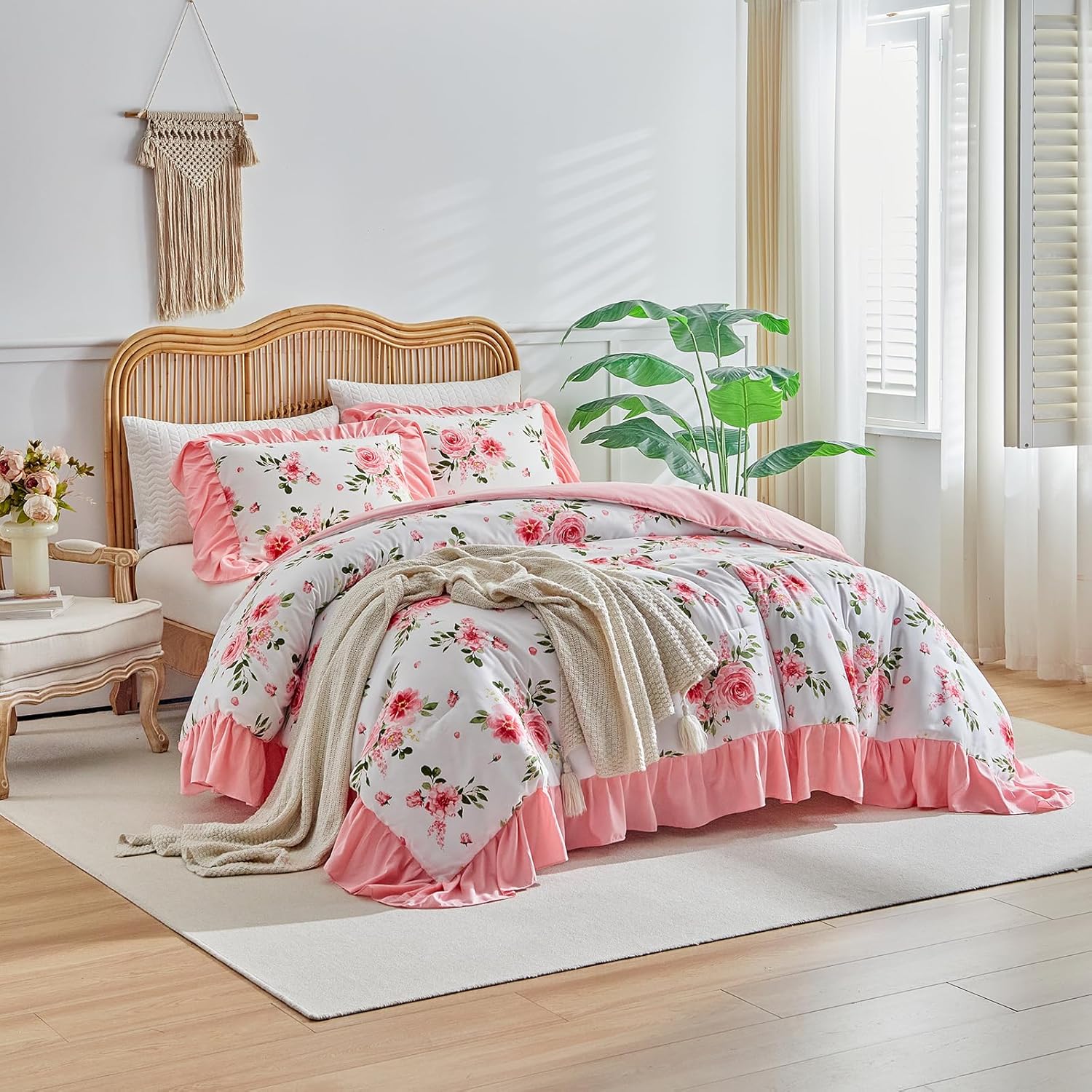 Flower Comforter Set Twin Size 68 * 86in - White Pink Floral with Green Leave Style -3 Pieces Shabby Chic Farmhouse Bedding with Ruffled Fringe Rustic Lightweight Fluffy Ruffle Comforter with Shams