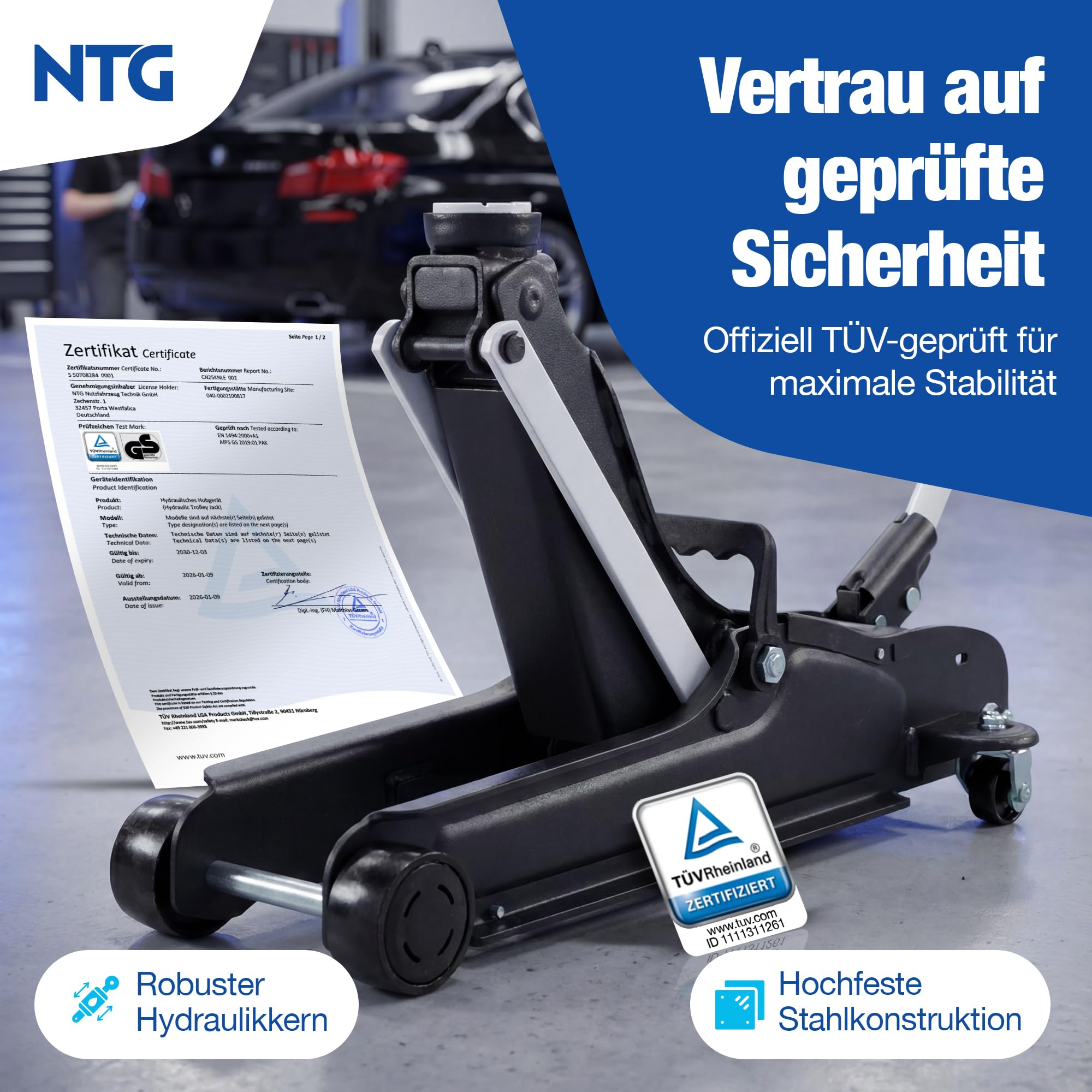 Wagenheber Hydraulisch 2,5T TÜV Zertifiziert (85-375mm Hubhöhe) - Profi Rangierwagenheber flach für tiefergelegte Autos - KFZ PKW Autoheber NTG (+ Gummiauflage Flach)