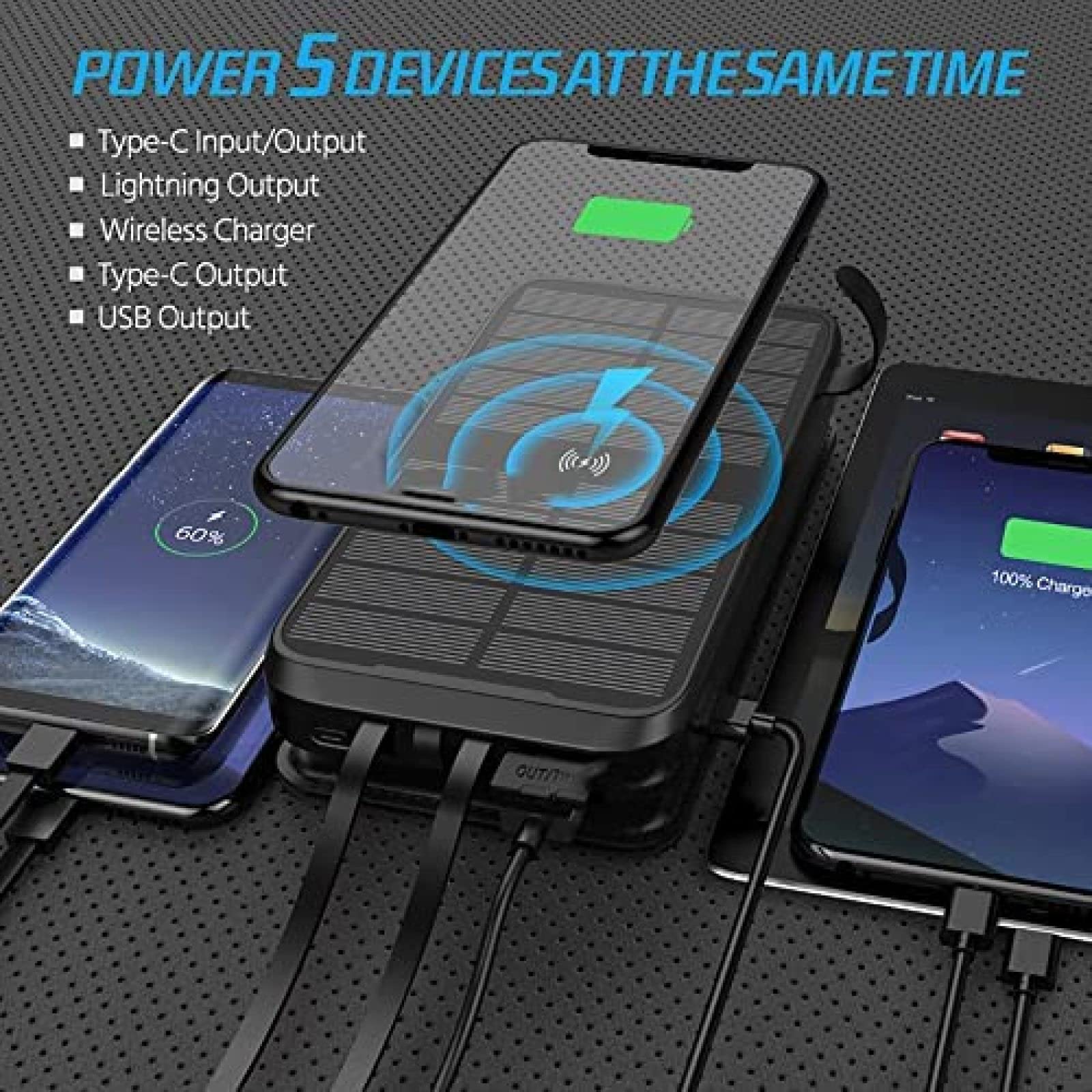 Cargador Solar Inalámbrico Power Bank, Cargador Portátil De 20000 Mah con 4 Paneles Solares Y Linterna LED, Batería Externa De Carga Rápida para Teléfono Celular Y Tableta