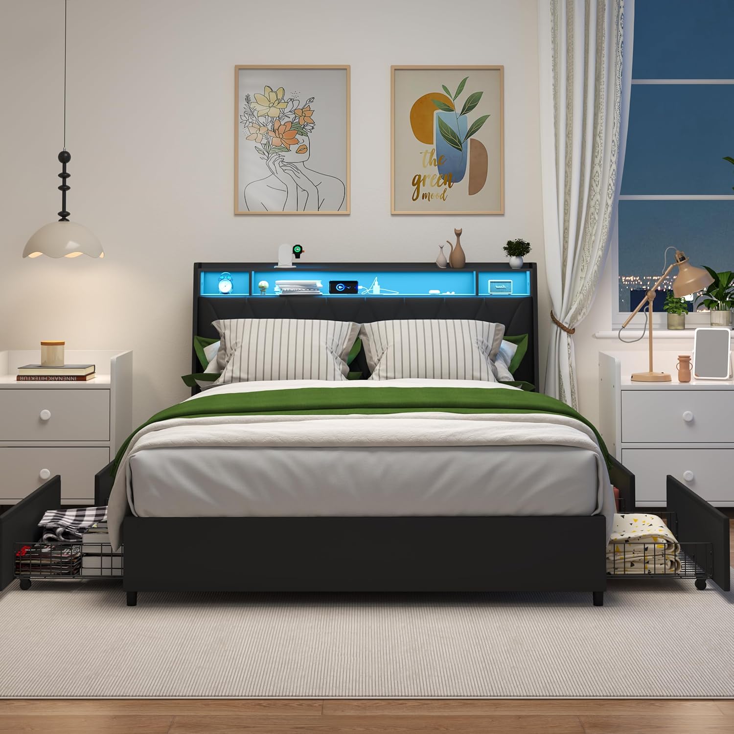 Full Size Bed Frame with 4 Storage Drawers, Modern Platform Bed Frame Full Size with Ergonomic Headboard, Metal Bedframe with Outlets & Charger & LED Light, No Box Spring Needed, Easy Assembly, Black