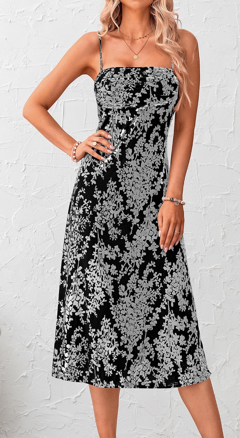 BTFBM Women's Summer Dress Sleeveless Spaghetti Strap Midi Dress Sexy Cowl Neck Floral Cocktail Dress Party Dresses - Image 2