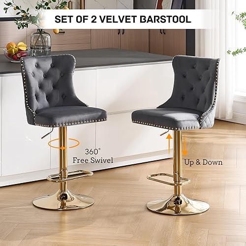 Miniatura 53 de Juego de 4 taburetes de bar giratorios ajustables de terciopelo con respaldo copetudo, ribete de cabezas de clavos y anillo de tracción, sillas de