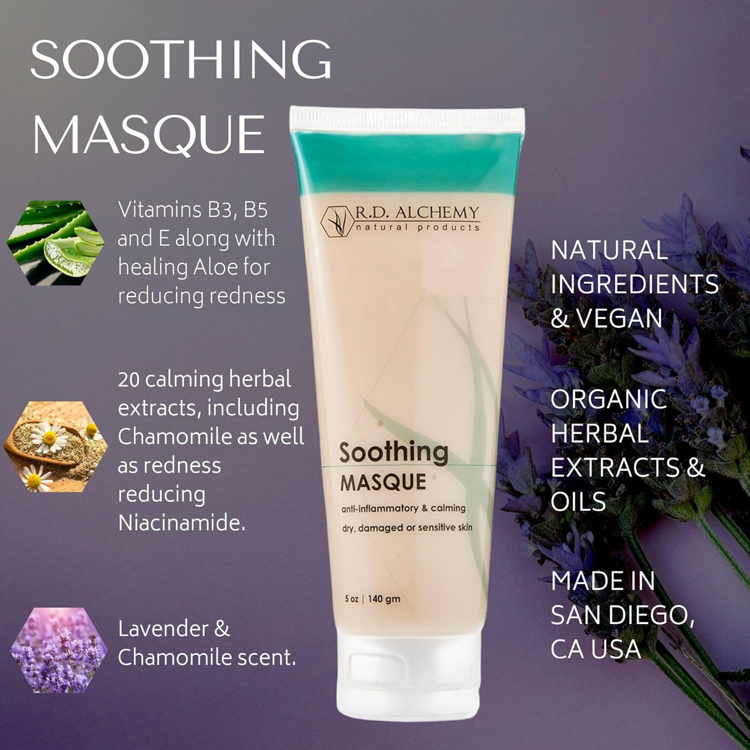 RD Alchemy - Natural & Organic Soothing Mask - Soothes Sensitive Skin, Redness and Irritation from Dryness, Irritation and Post Waxing/Peels/Laser Treatments/Extractions and more!