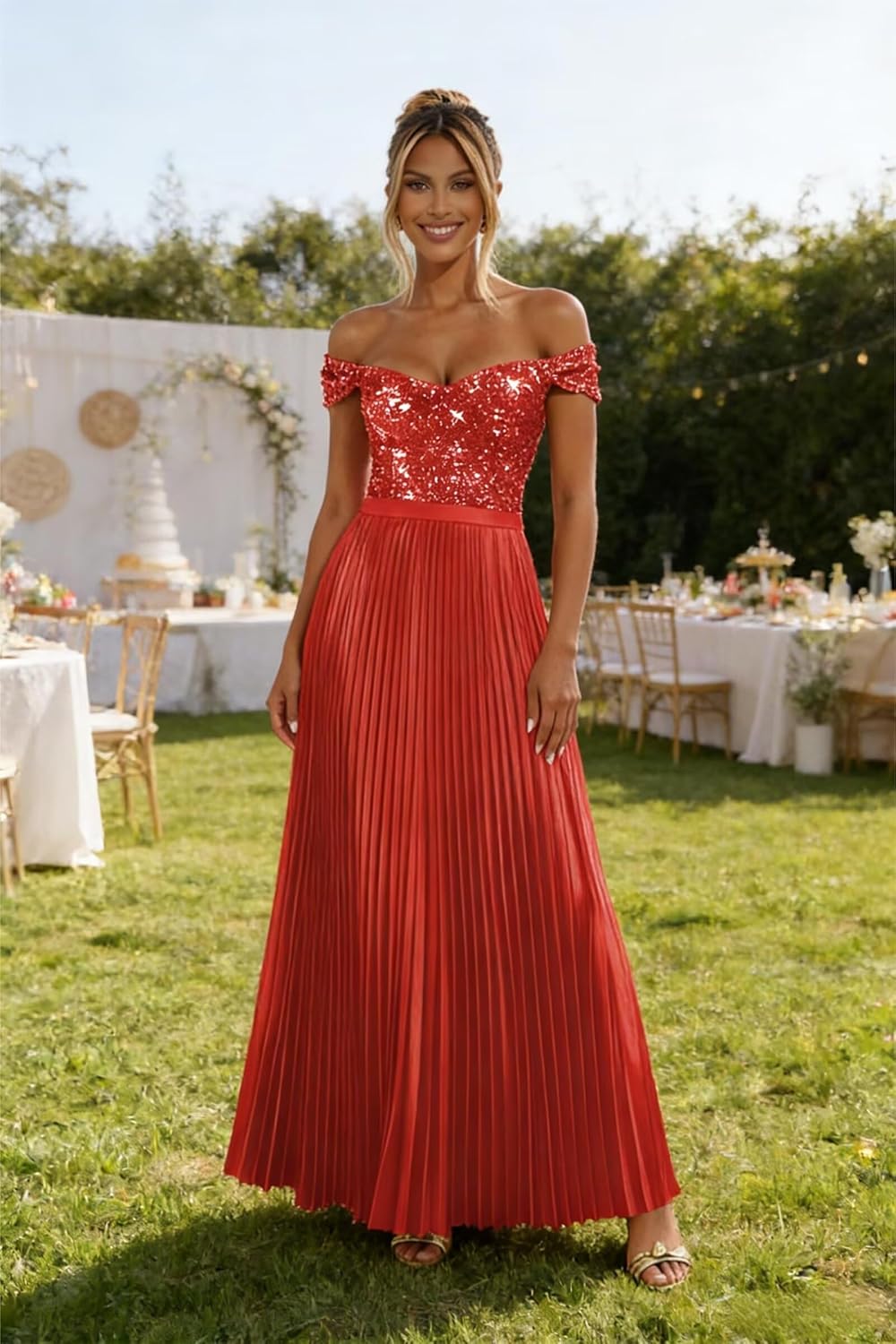 Fashionbride Off Shoulder Sequin Prom Dresses for Women Pleated Satin Formal Dress A Line Evening Gown with Slit AP135