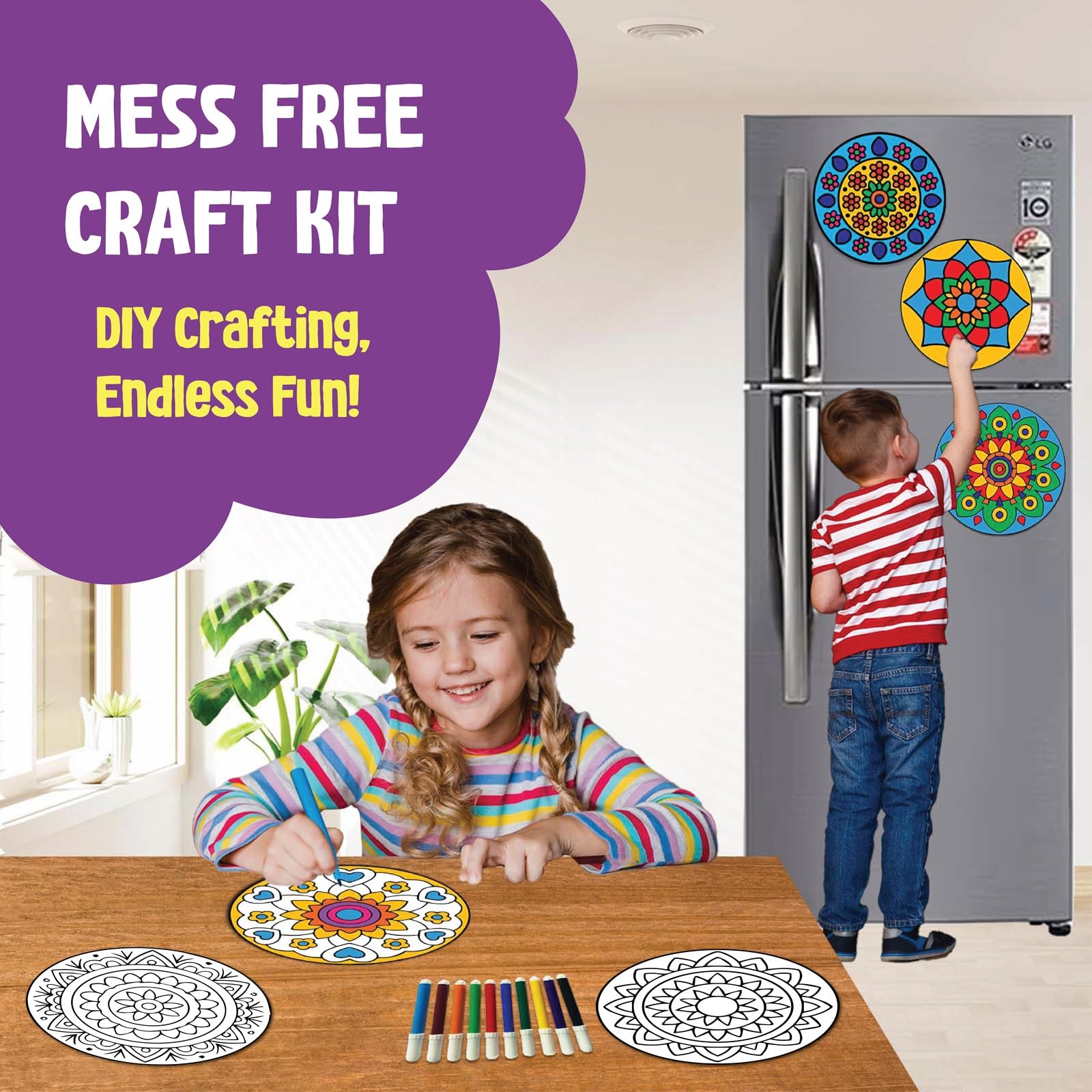 SparkLPlay DIY Mandala Art Kit for Kids. Coloring Set with - 6 Magnetic Cutouts,12 Color Pens & Booklet. Creative Art & Craft. Mess Free. Gifts for Kids. 2