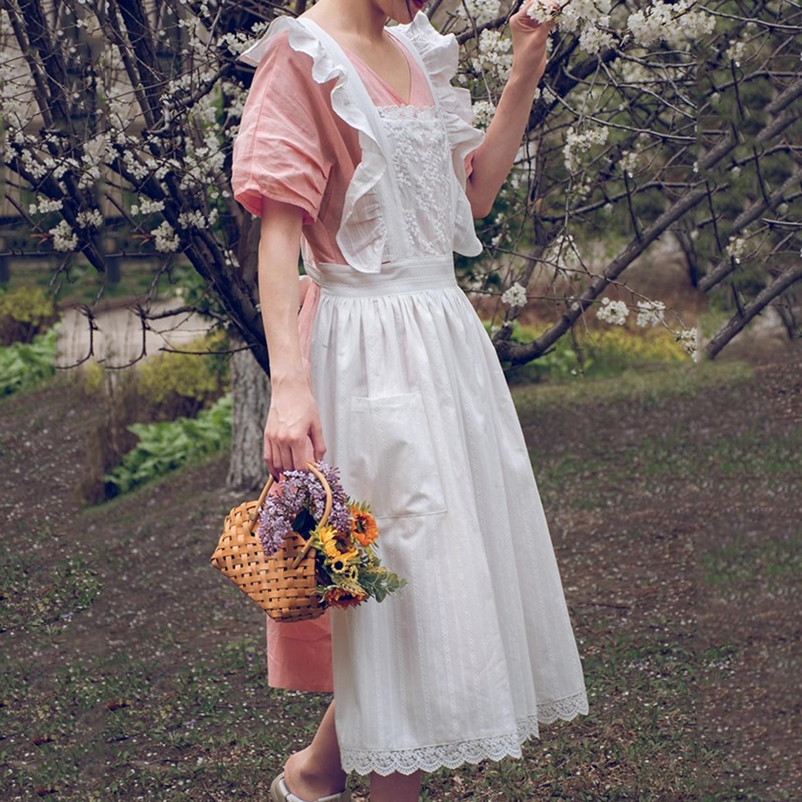 Delantal Mujeres, Vestido De Encaje Cruzado Ajustable Delantal para Jardinería, Cocina, Limpieza, ManicuraWhite,One Size