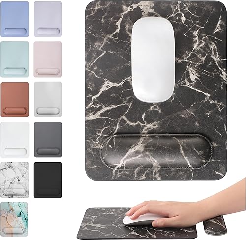 HABITU Alfombrilla de mouse de cuero vegano de mármol negro con soporte magnético extraíble y base antideslizante, alfombrilla ergonómica para mouse