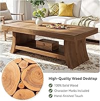 Vista 7 de Mesa de centro de granja con estante de almacenamiento, mesas de centro modernas de madera maciza de mediados de siglo con base curvada, mesa