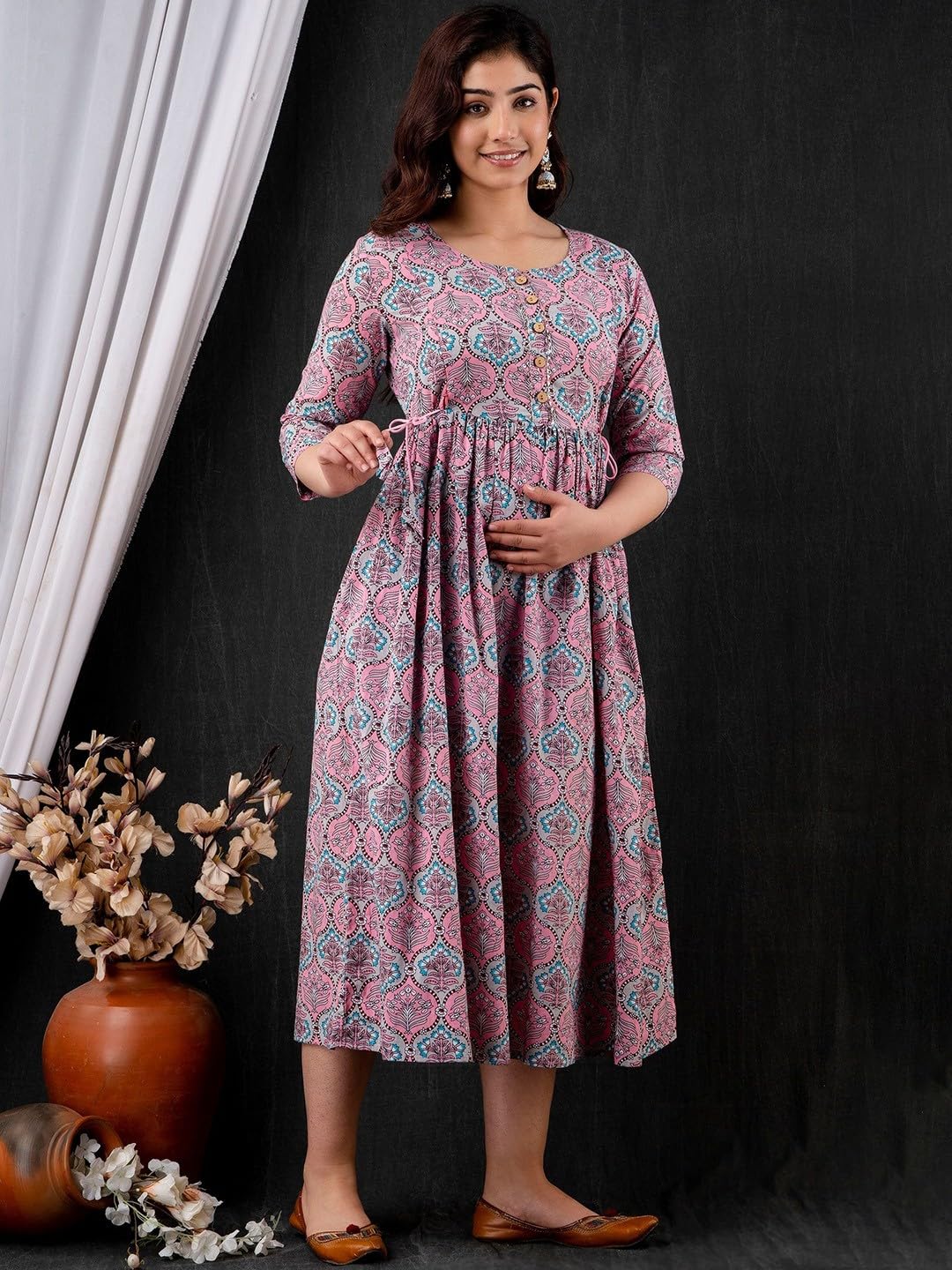 Rishabh Creation Women's Cotton Floral Printed Maternity Dress Kurti with Feeding Zipper Blue Pink 2