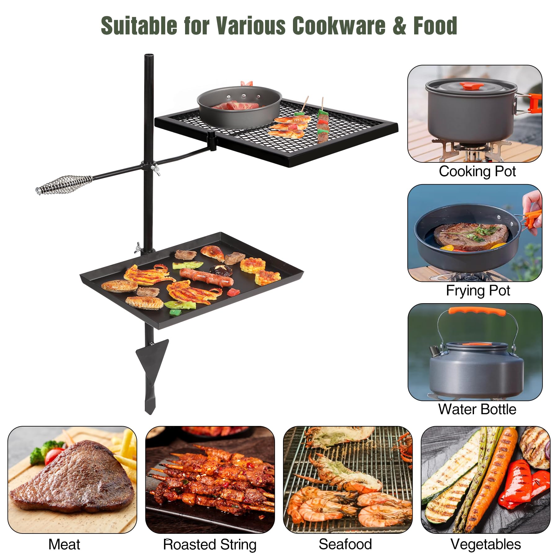 REDCAMP Swivel Campfire Grill Skillet Combo, Portable Heavy Duty