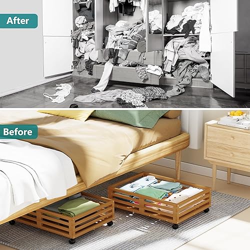Vista 6 de Wisuce Contenedores de almacenamiento de bambú debajo de la cama, organizador debajo de la cama con ruedas con bolsa grande para el polvo, madera