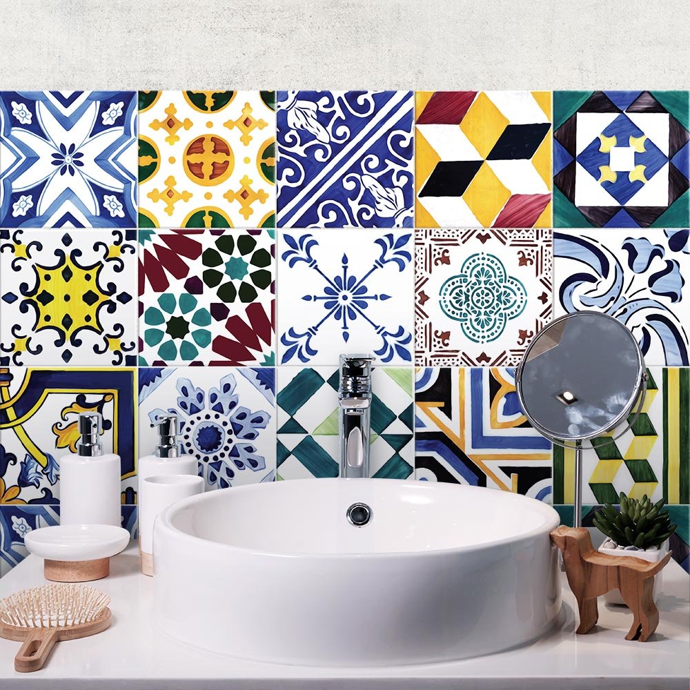 RE-COVERTILES - Adesivi Piastrelle Cucina Bagno Mattonelle Adesive In PVC Impermeabili Antigraffio Stickers Decorazione Parete Cementine Peel And Stick - Modello 54 Pz 10x10 Cm PS00195 Made In Italy