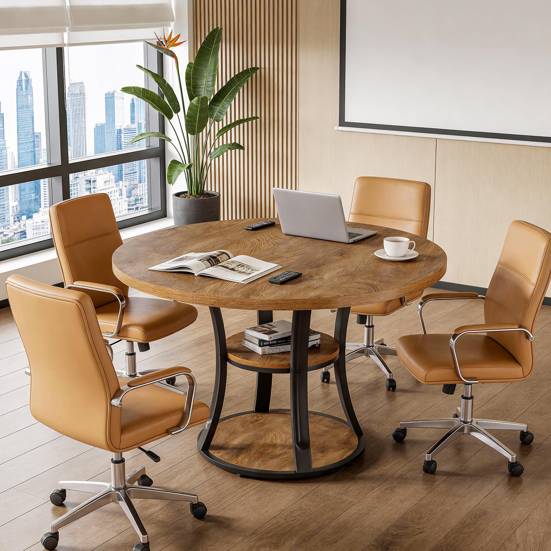 Tribesigns Mesa de reuniones redonda de 100 cm, para 2 a 4 personas, pequeña mesa de conferencias con 2 estantes, base de metal estable, diseño moderno para oficina, oficina en casa y espacios
