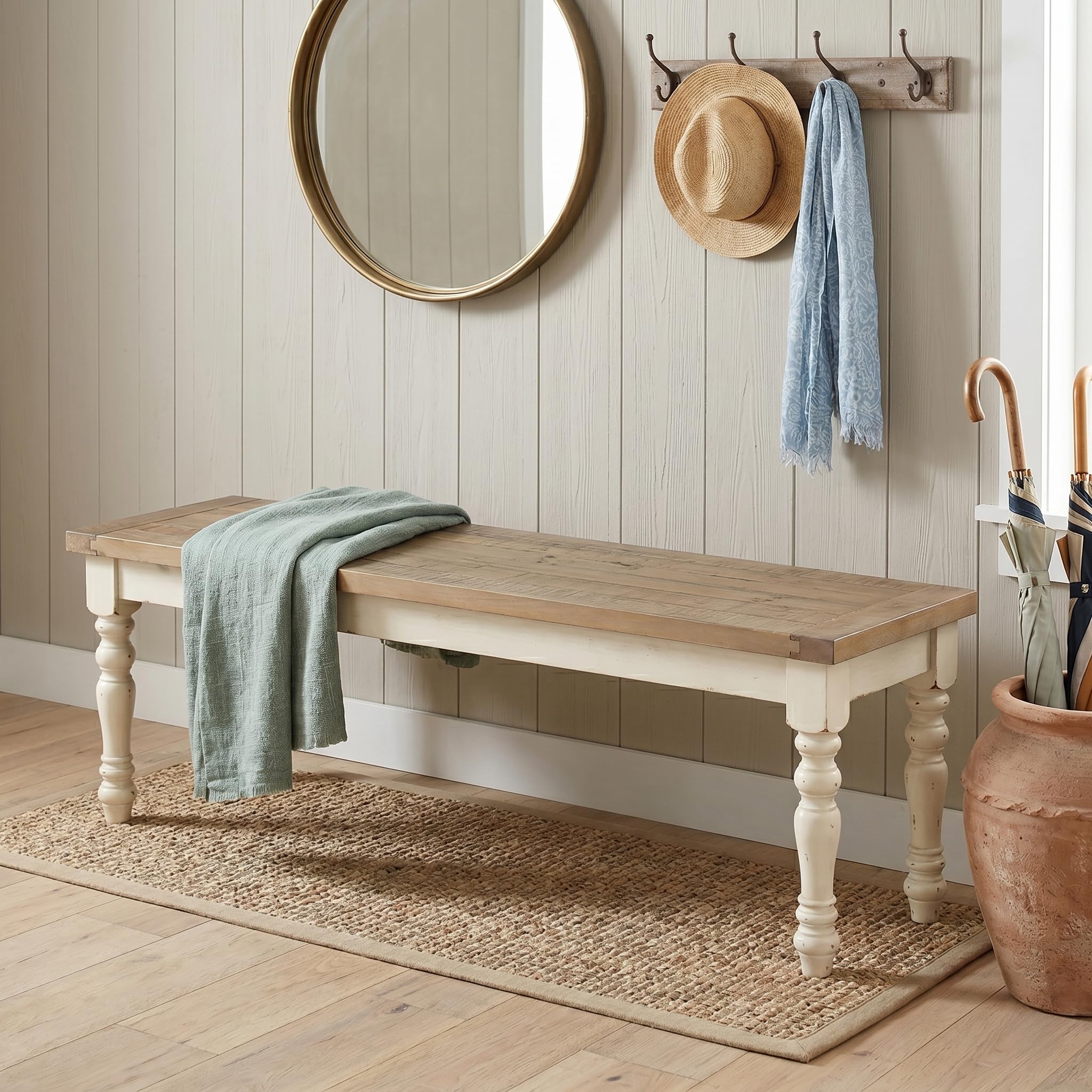 Roundhill Furniture Prato Two-Tone Distressed Oak Wood Dining Bench, Antique White