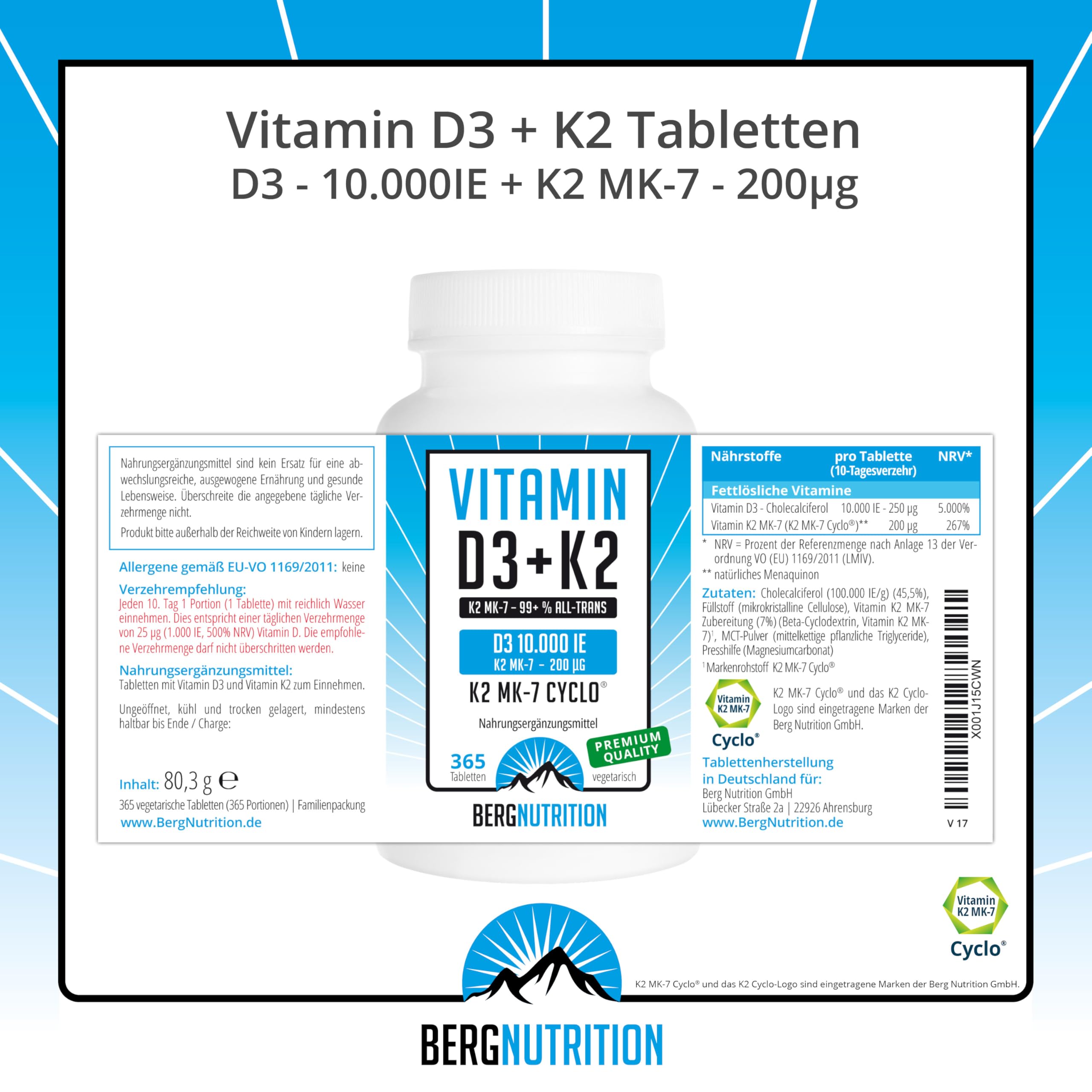 Vitamin D3 10.000 I.E + 200 µg K2 99+% ALL-Trans, 365 vegetarische Tabletten hochdosiert u. teilbar, Premium Vitamin D Tabletten, Vitamin D 3 und Vitamin K 2