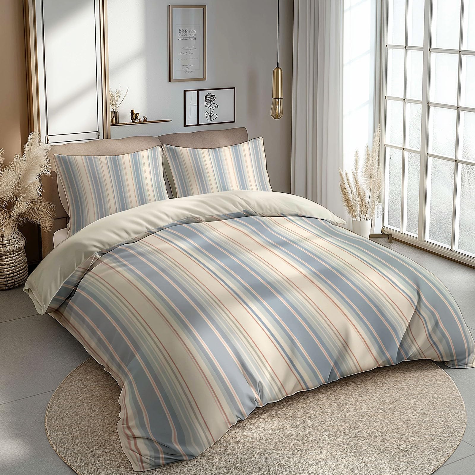 Funda Nordica para Cama 105 Rayas Azules Juego de Ropa de Cama Fundas Nórdicas 180x220 cm Poliéster Algodón, 3 Piezas Juego de Cama Cremallera Funda de Almohada