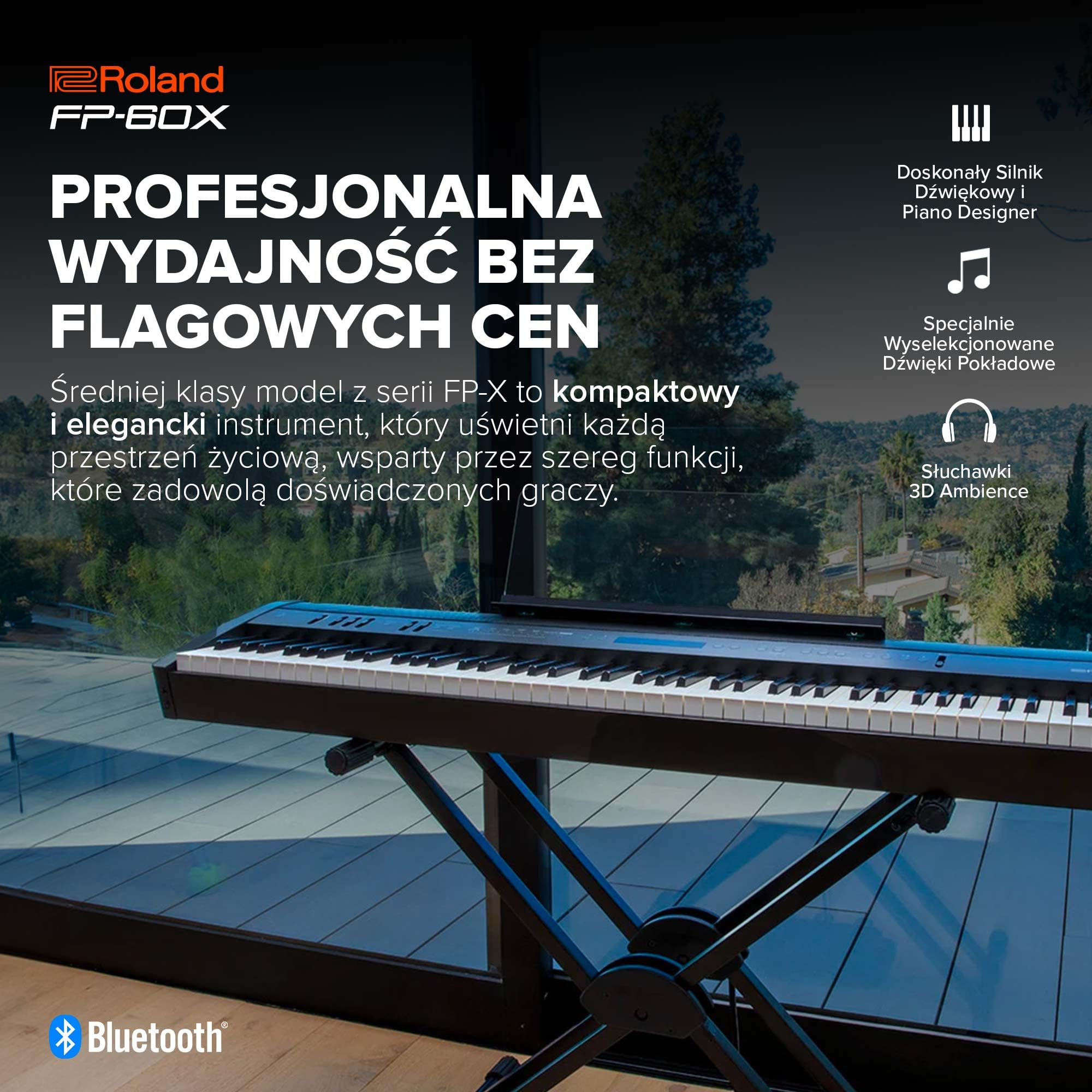 Roland FP-60X Cyfrowe pianino – 88-klawiszowa klawiatura elektroniczna, przenośne pianino o doskonałej jakości, czarne