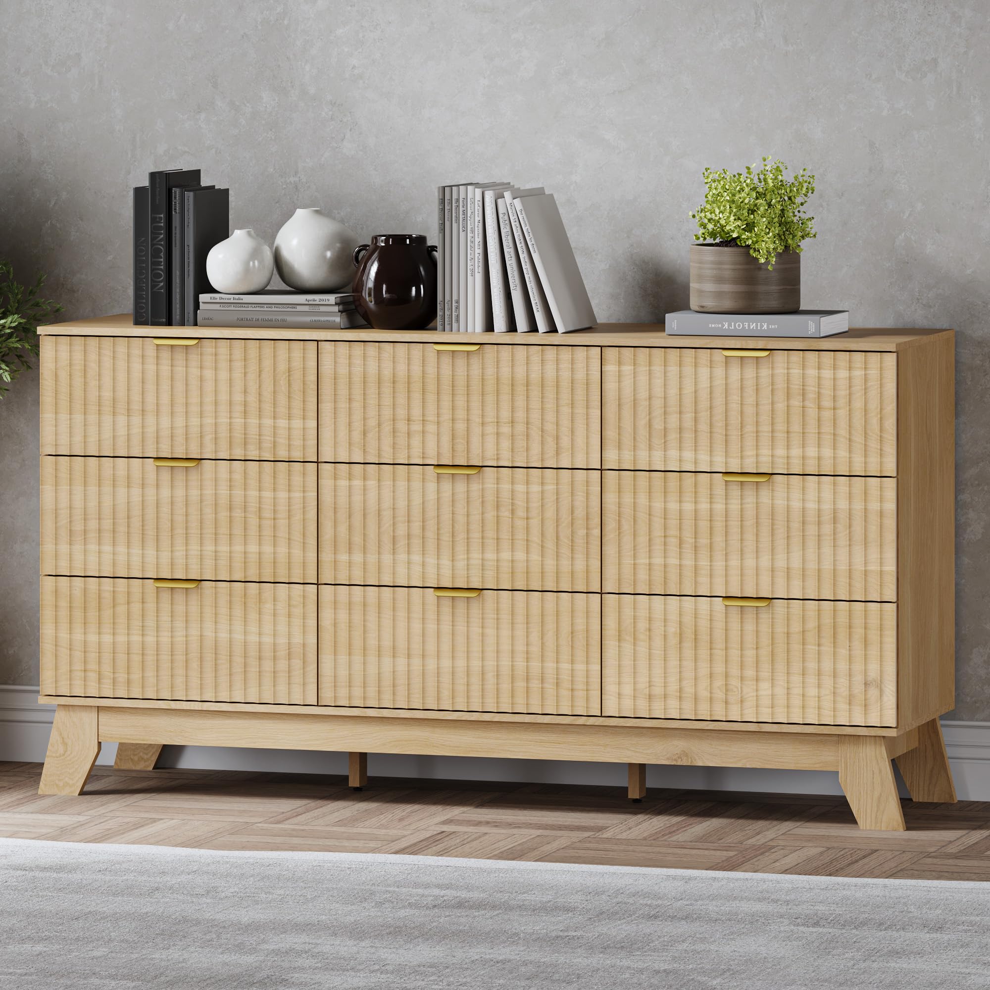 BORNOON Fluted 9 Drawer Dresser, 57.1" Wide Modern Boho Chest of Drawers, Wooden Storage Dresser TV Stand for Bedroom, Living Room, Closet, Hallway,