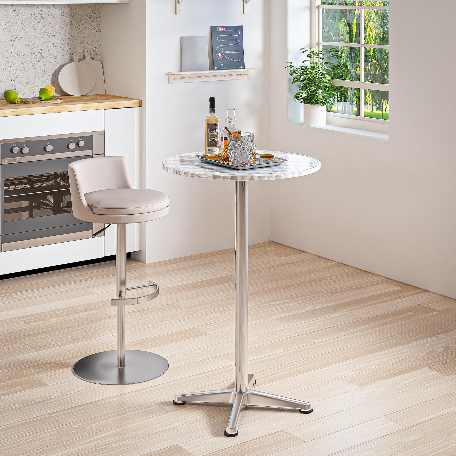 3-in-1 Stehtisch,Bistrotisch-klappbarer Barkeeper Tisch-60 cm Durchmesser-3 Höhen: 49,5cm/74cm/114cm-Edelstahl für zu Hause,Garten,Restaurant-Outdoor-Stehtisch,Bar Table,Party-Tisch-Silber