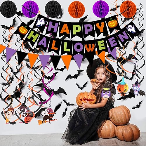 Miniatura 7 de Cartel de feliz cumpleaños de papel, bandera triangular, círculo, confeti, puntos, guirnalda colgante de nido de abeja, remolinos para fiesta