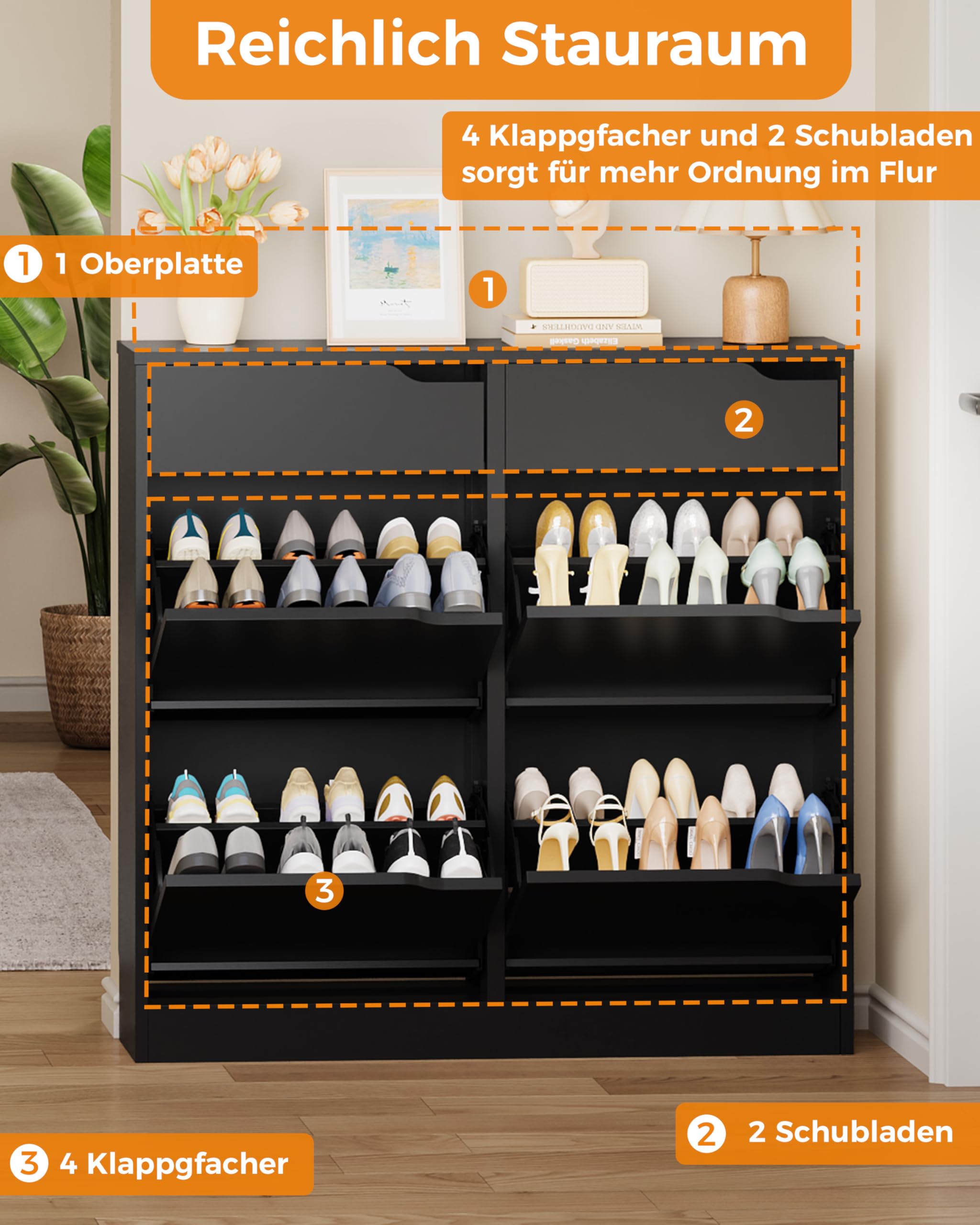 IRONCK Schuhschrank mit 4 Klappen, Schuhkipper Schmal mit 2 Schubladen, freistehendes Schuhregal, Schuhkommode mit verstellbaren Trennwände, Schuhablage Schrank für Flur Eingang, Wohnzimmer (Schwarz)
