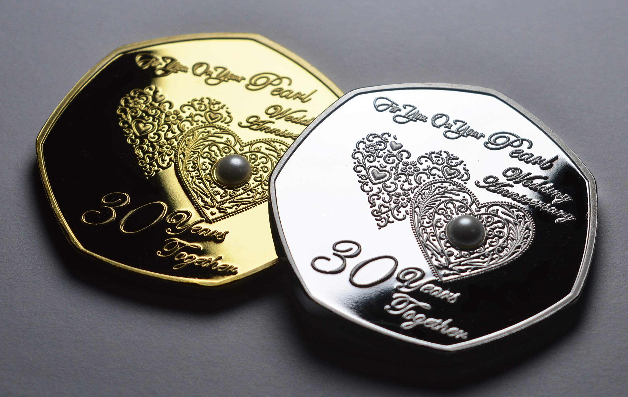 The Commemorative Coin Company Pair of 30th PEARL WEDDING ANNIVERSARY Silver & 24ct Gold Commemoratives with Gemstone. Gift/Present. 30 Years Together. Husband/Wife/Parents