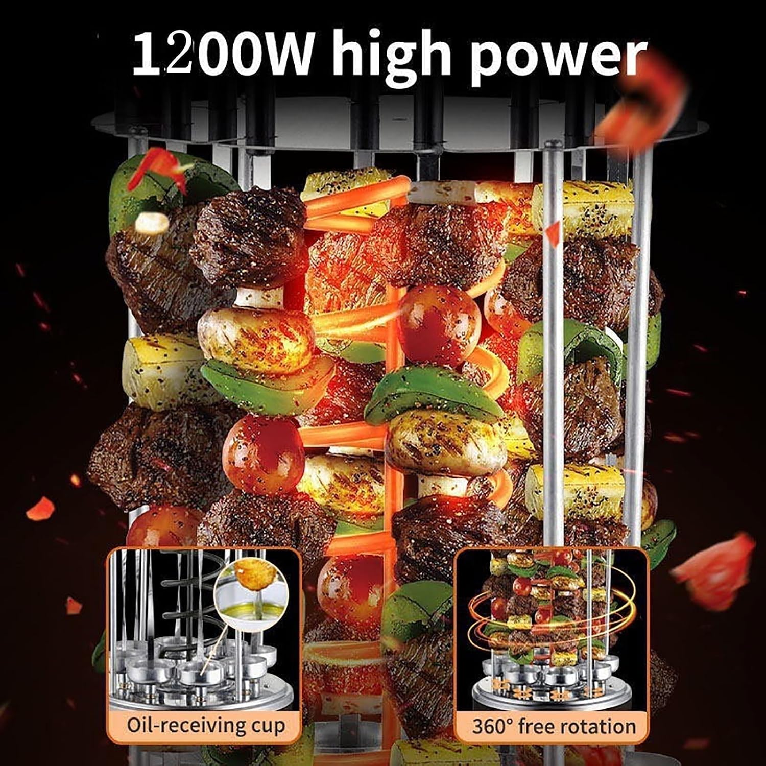 220v Electric Vertical Rotisserie,Smokeless Rotating Rotisserie Grill,Barbecue Grill w/Timer,BBQ Automatic Rotating for Kebabs,w/8 Grill Fork