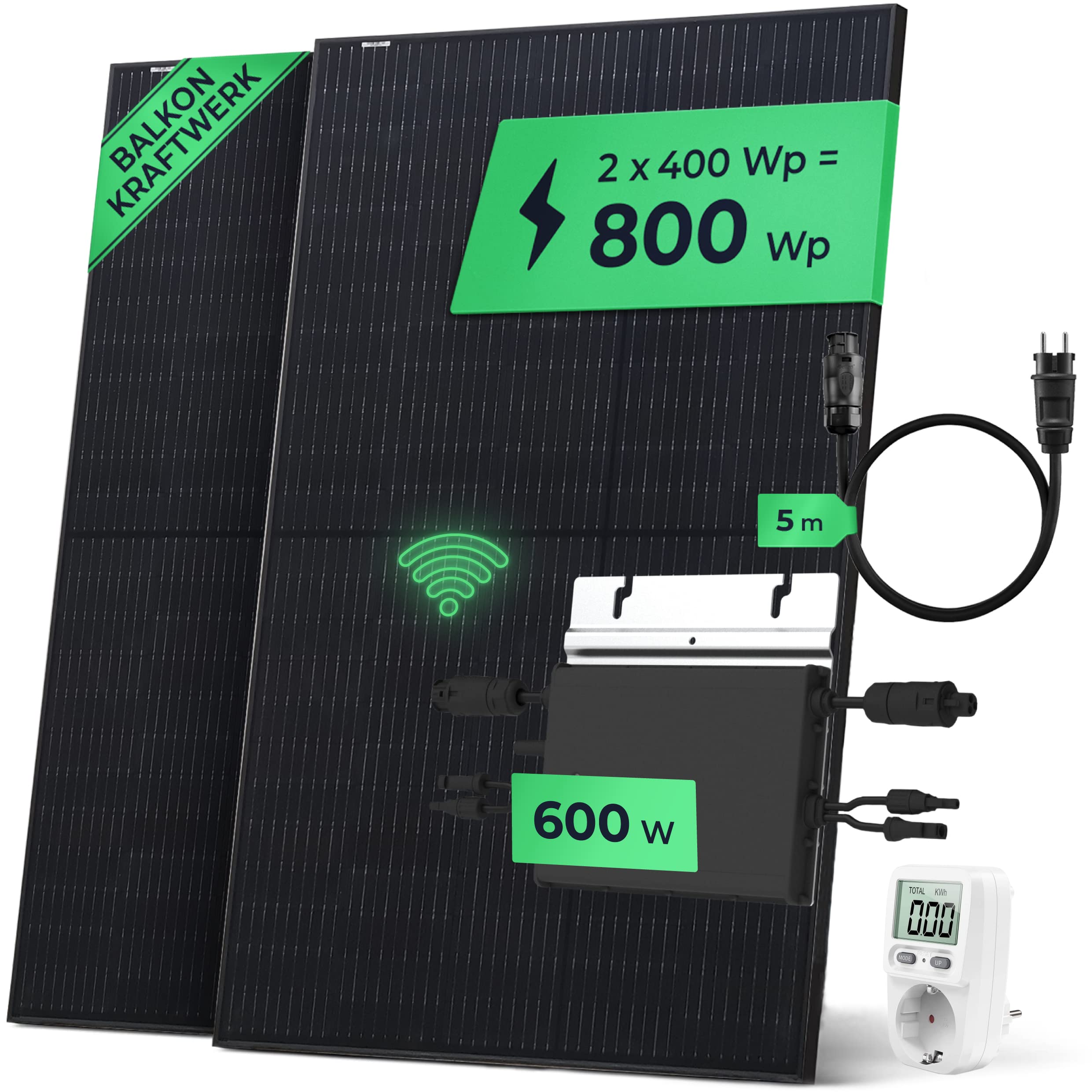 Solarway Bloc d'alimentation électrique complet de balcon 600 W, 2 modules JaSolar 400 W, 1 onduleur Hoymiles HM600 avec accessoires, Plug & Play, sans autorisation, sans support