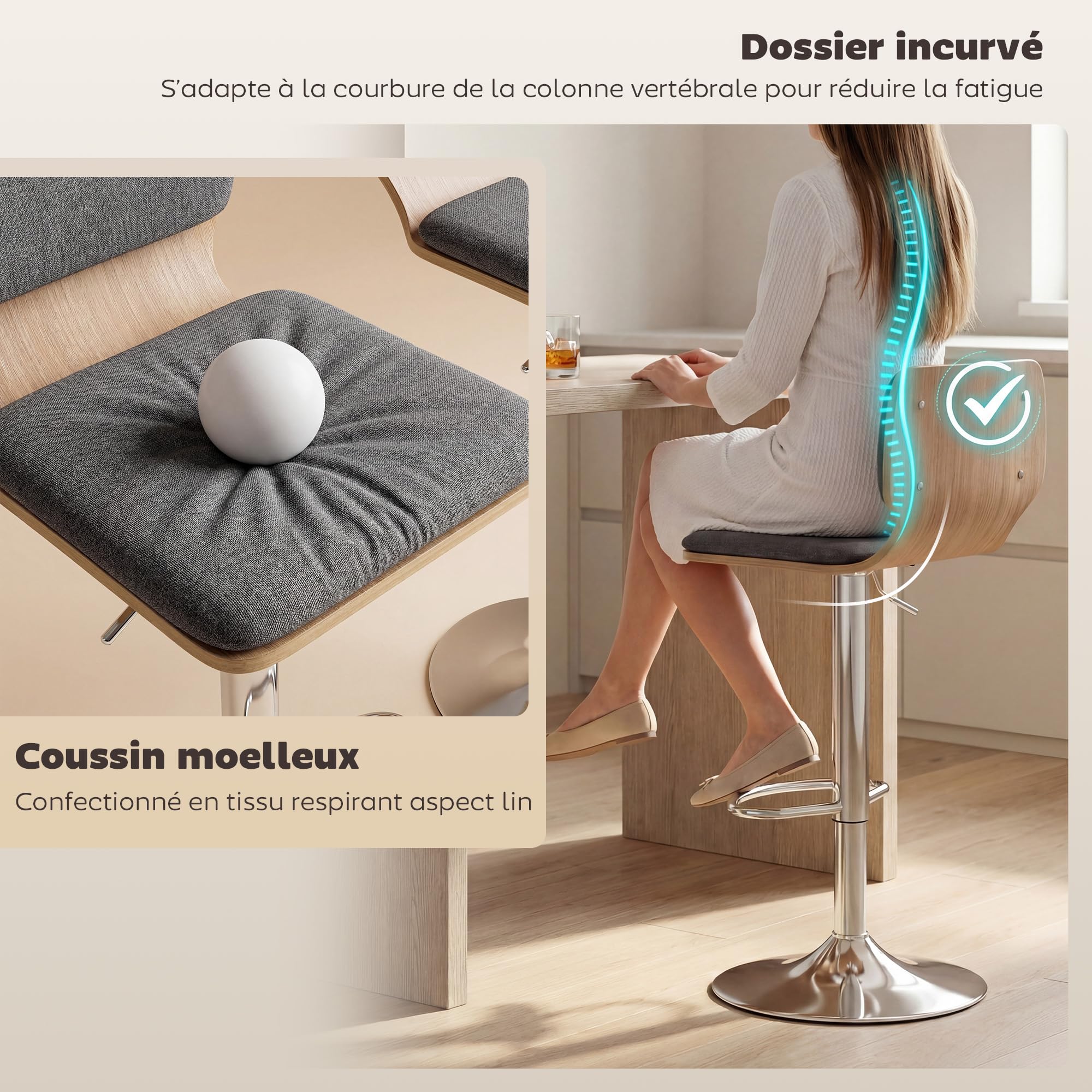 HOMCOM Lot de 2 Tabourets de Bar Hauteur Réglable 41x47,5x81-102cm Gris