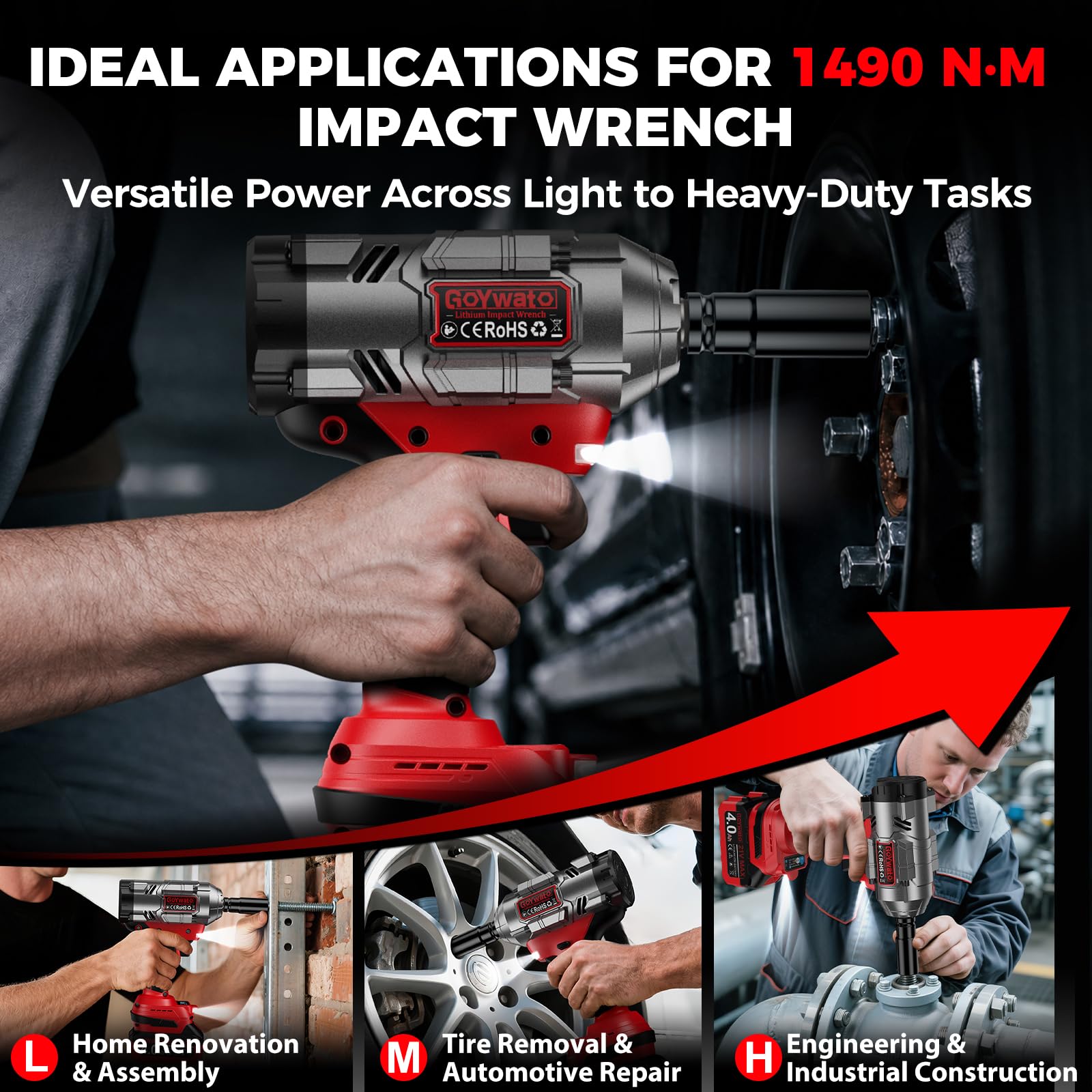 Avvitatore a Impulsi 1490 Nm con 2 Batterie 4.0Ah e 6 Bussole, Rosso | 1/2'' Avvitatore ad Impulsi Brushless con Caricabatterie & LED Integrata, Ideale per Auto, DIY e Uso