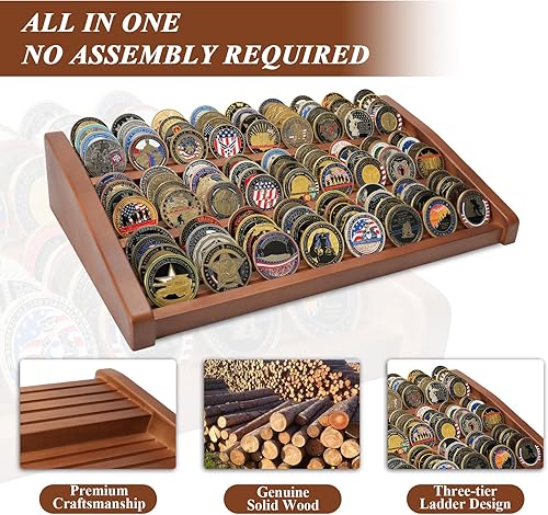 Miniatura 3 de DecoWoodo Estuche de exhibición de monedas de desafío militar, soporte de monedas de madera de 12 filas con capacidad para 100 monedas, soporte de