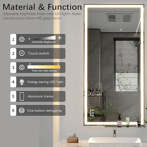 Miniatura 3 de BEAUTME Espejo de baño LED de 48 x 24 pulgadas, espejo de baño iluminado con luces, luces de 3 colores ajustables, montado en la pared, antiniebla,