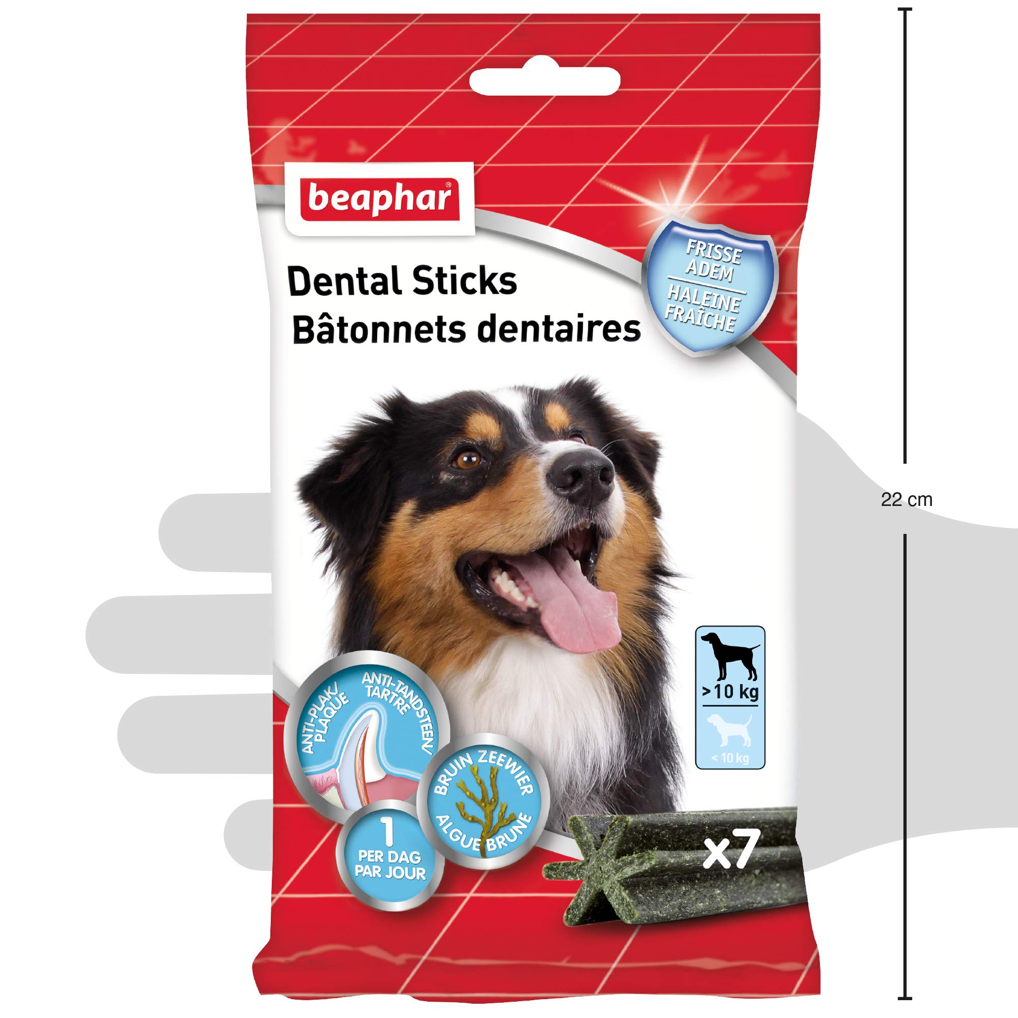 BEAPHAR - Bastoncini dentali per cani grandi (> 10 kg) - Dolcetti a basso contenuto calorico con alghe brune e tè verde - Alito fresco - Elimina placca dentale e tartaro - 7 unità