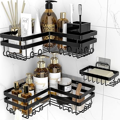 StorageRight Organizador de ducha esquinero, paquete de 3 accesorios de baño adhesivos con soporte para jabón, estante organizador de ducha de acero