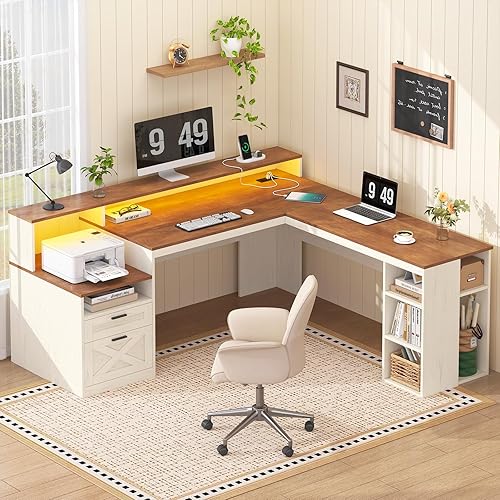 Escritorio rústico en forma de L de 63 pulgadas con cajones y estantes de almacenamiento, escritorio de esquina blanco en forma de L con tomas de
