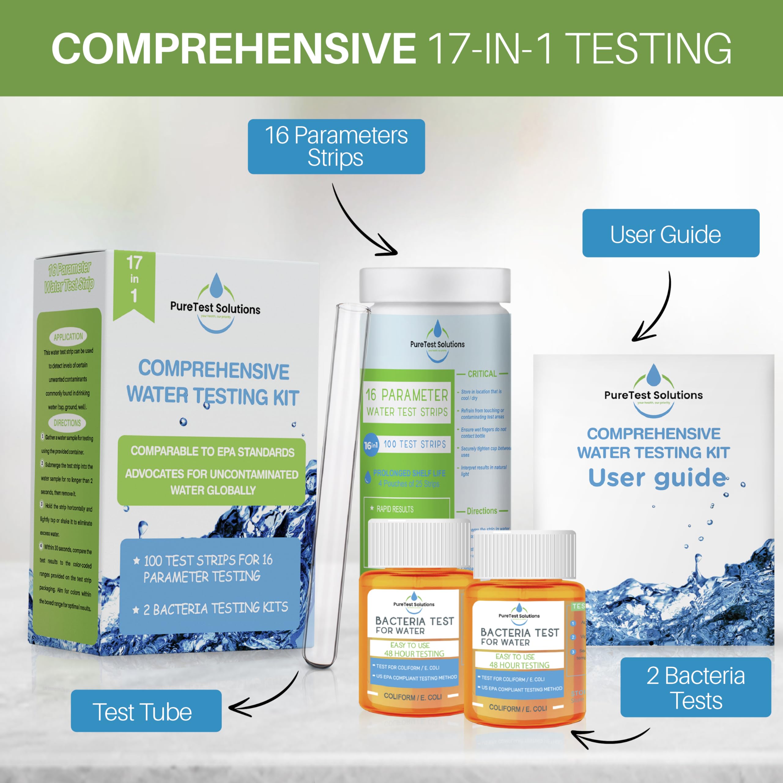 PureTest Solutions 17 in 1 Complete Drinking Water Test Kit (100 strips & 2 Bacteria Tester Kit) assesses for lead, alkalinity, chlorine, hardness, iron, fluoride, copper, and more.