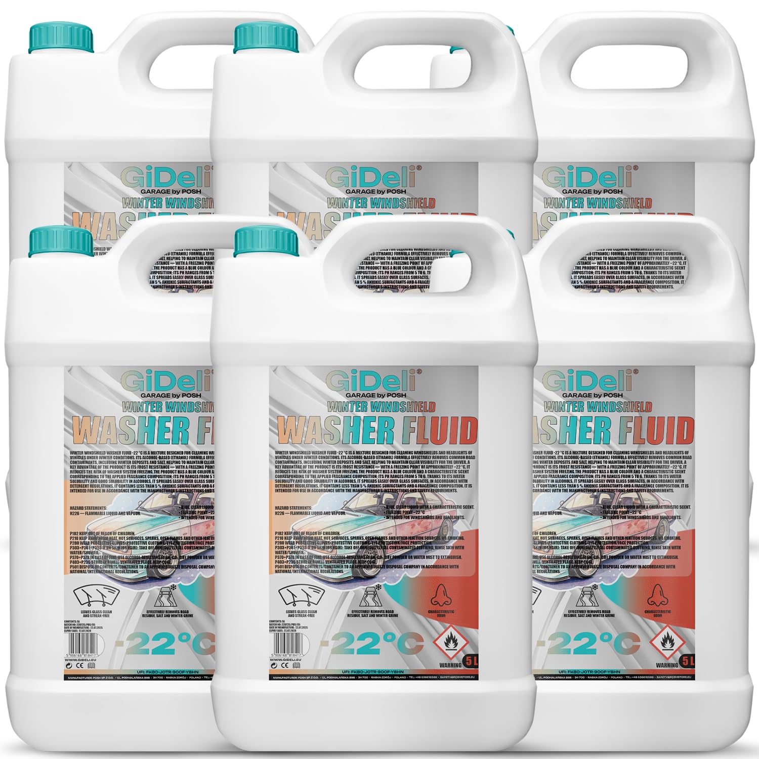 GiDeli Scheibenfrostschutz 6x 5L - Winter Scheibenwischwasser -22°C für Auto - Gebrauchsfertig, Streifenfrei & Angenehmer duft