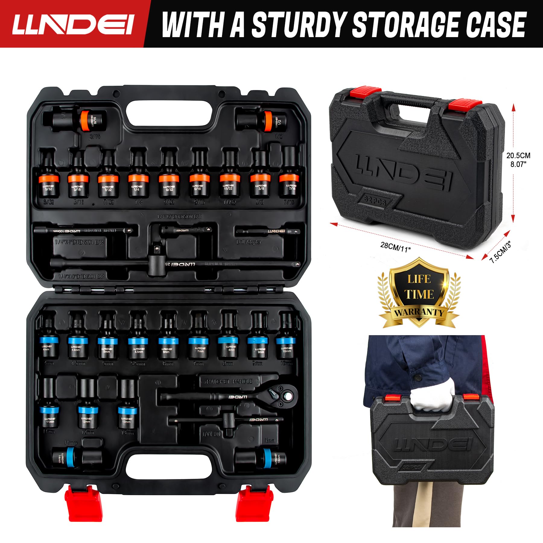 LLNDEI 1/4-Inch Drive Swivel Socket Set, 32 Pieces Standard SAE(5