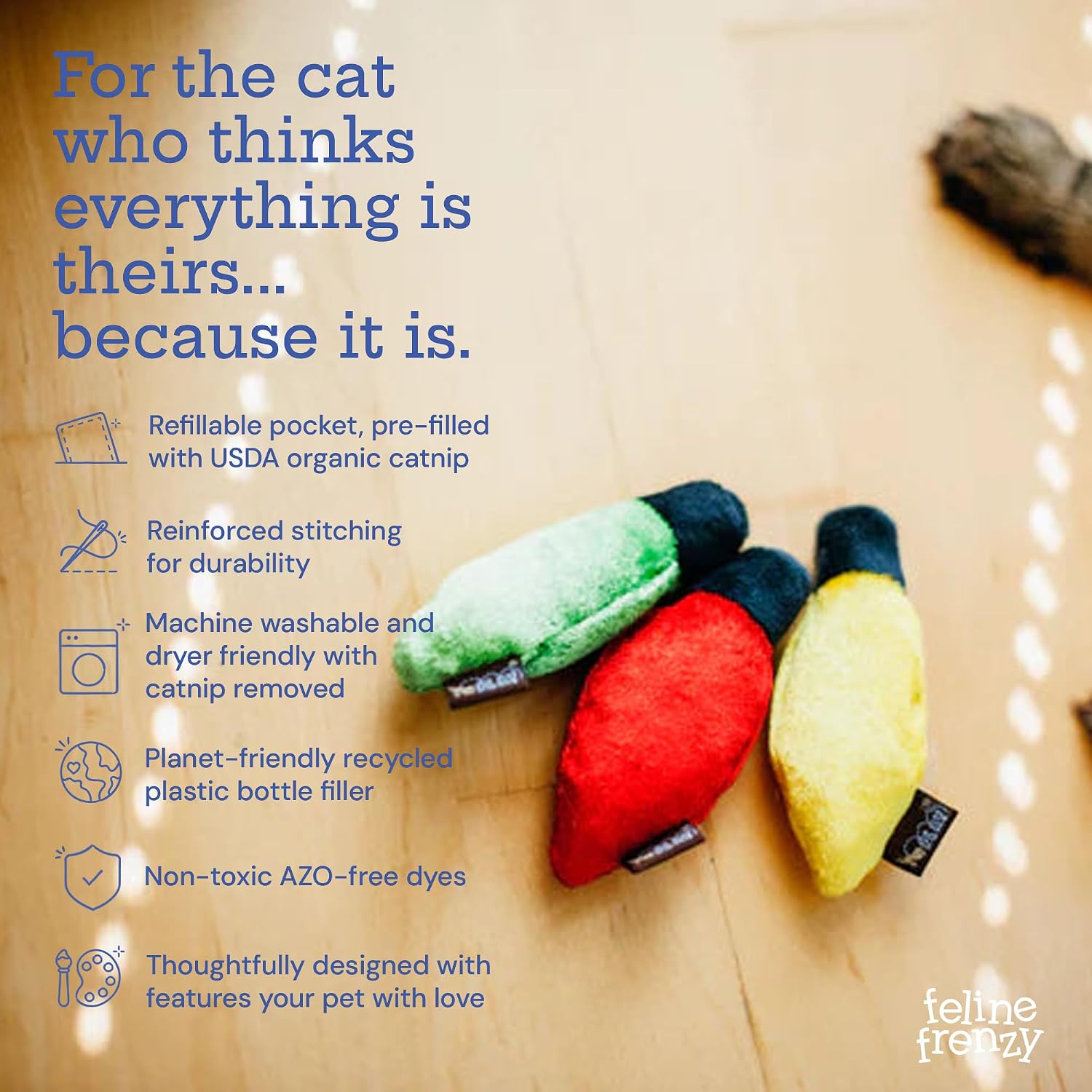 P.L.A.Y. Cute Cat Toys - Holiday & Christmas Themed Organic Catnip Filled Toy, Great for Adult Cats and Kittens - Machine Washable, Recycled Material, Crinkle (Kitty Delights Holiday Lights, Set of 3)