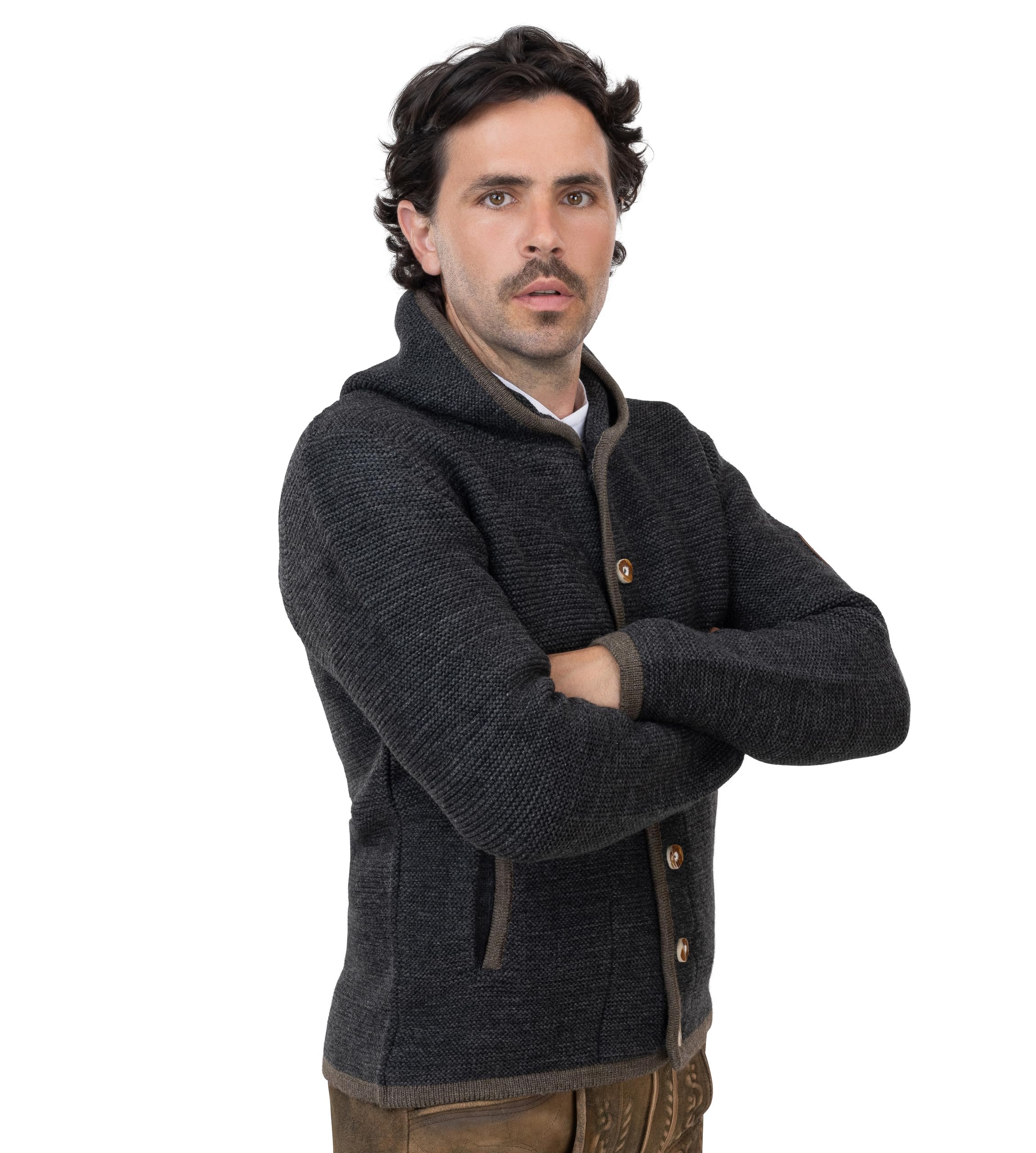 Herren Trachtenjacke mit Kapuze – Trachten-Strick-Jacke aus Wolle – Hoodie Strickjacke Grau/Anthrazit Cardigan - Arvid